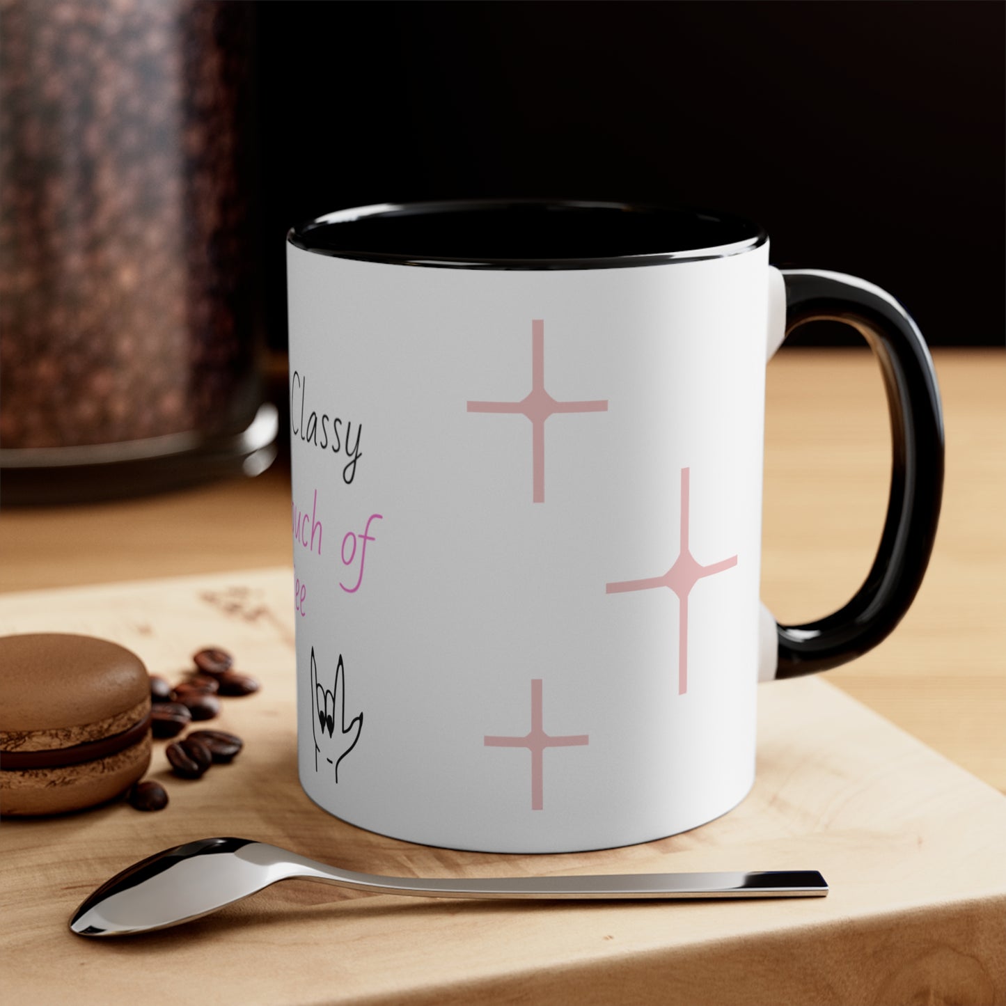 Elegant, classy and funky Coffee cup Mug, 11oz, two tone, white with pink and or black, gift for her