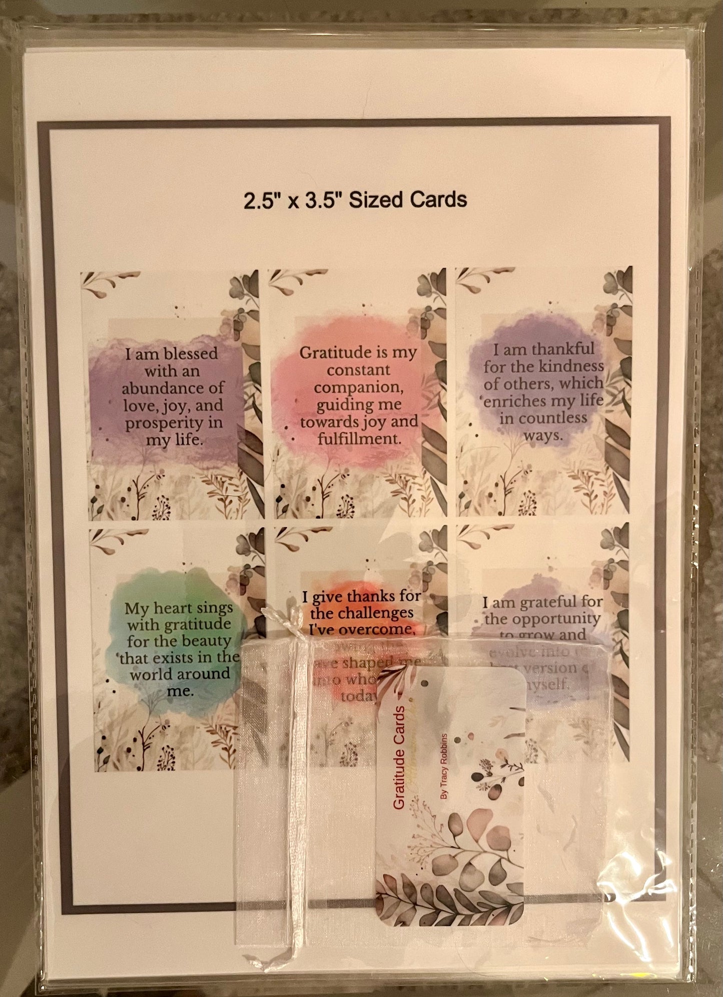 High Vibration Printed and laminated sheets of Gratitude cards with organza bag: Cut/create your own (this is a physical product that will be mailed to you