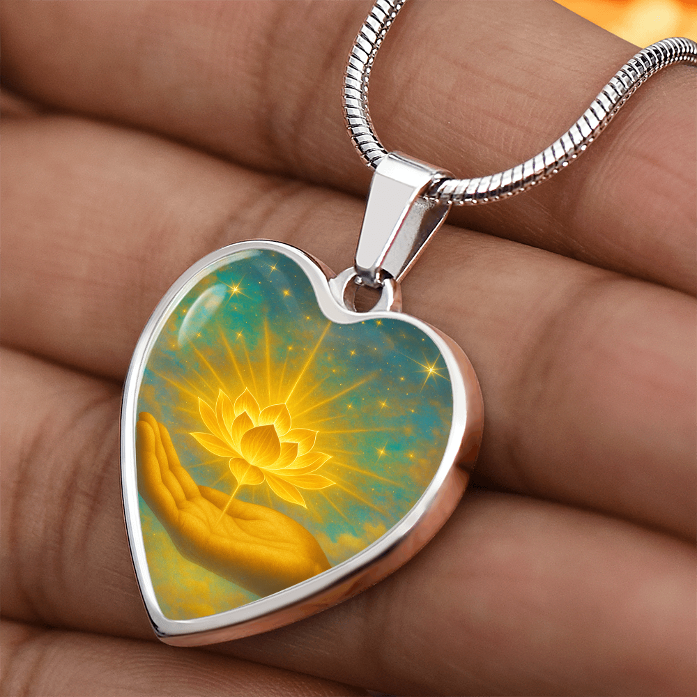 Golden Flower of Divine Conscious Expansion Necklace, engravable, light encoded, prayers answered, angels, related free video