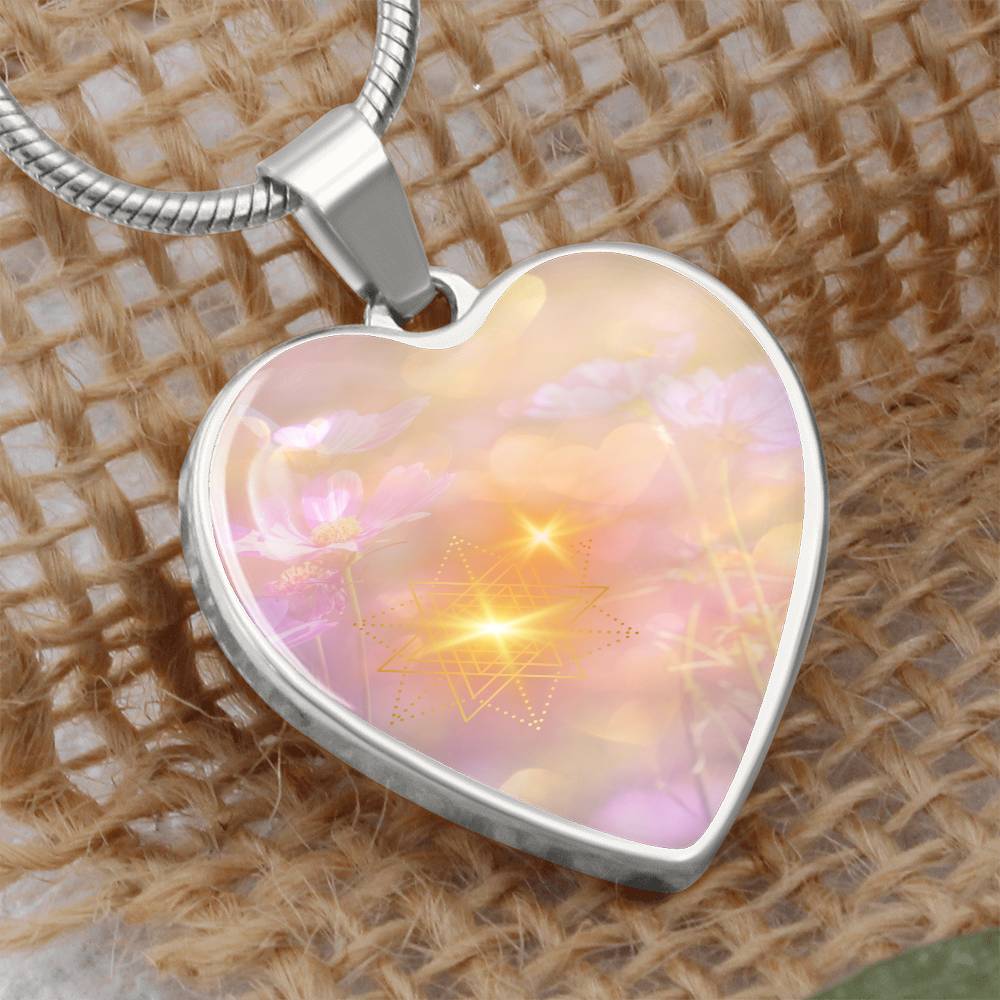 Intention Necklace, light encoded, Angel Light Codes, Your assured success leads the way, heart shaped pendant in choice of silver or gold colours, with chain, engraving available.