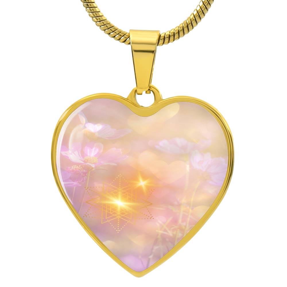 Intention Necklace, light encoded, Angel Light Codes, Your assured success leads the way, heart shaped pendant in choice of silver or gold colours, with chain, engraving available.