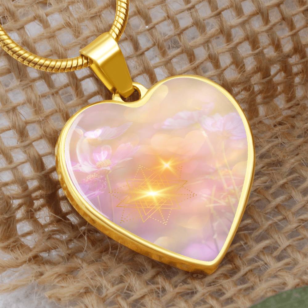 Intention Necklace, light encoded, Angel Light Codes, Your assured success leads the way, heart shaped pendant in choice of silver or gold colours, with chain, engraving available.