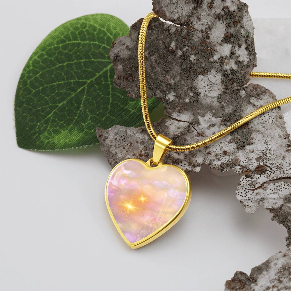 Intention Necklace, light encoded, Angel Light Codes, Your assured success leads the way, heart shaped pendant in choice of silver or gold colours, with chain, engraving available.
