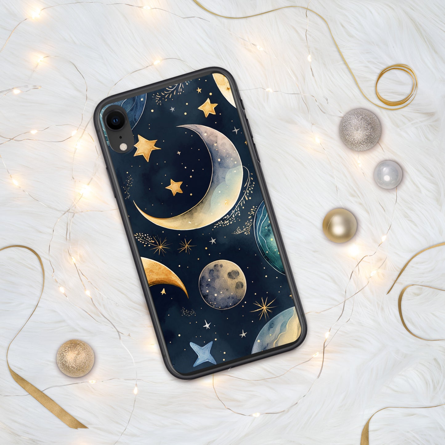 Clear Case for iPhone® night sky design in blue hues, stars, planets, moon, multiple sizes