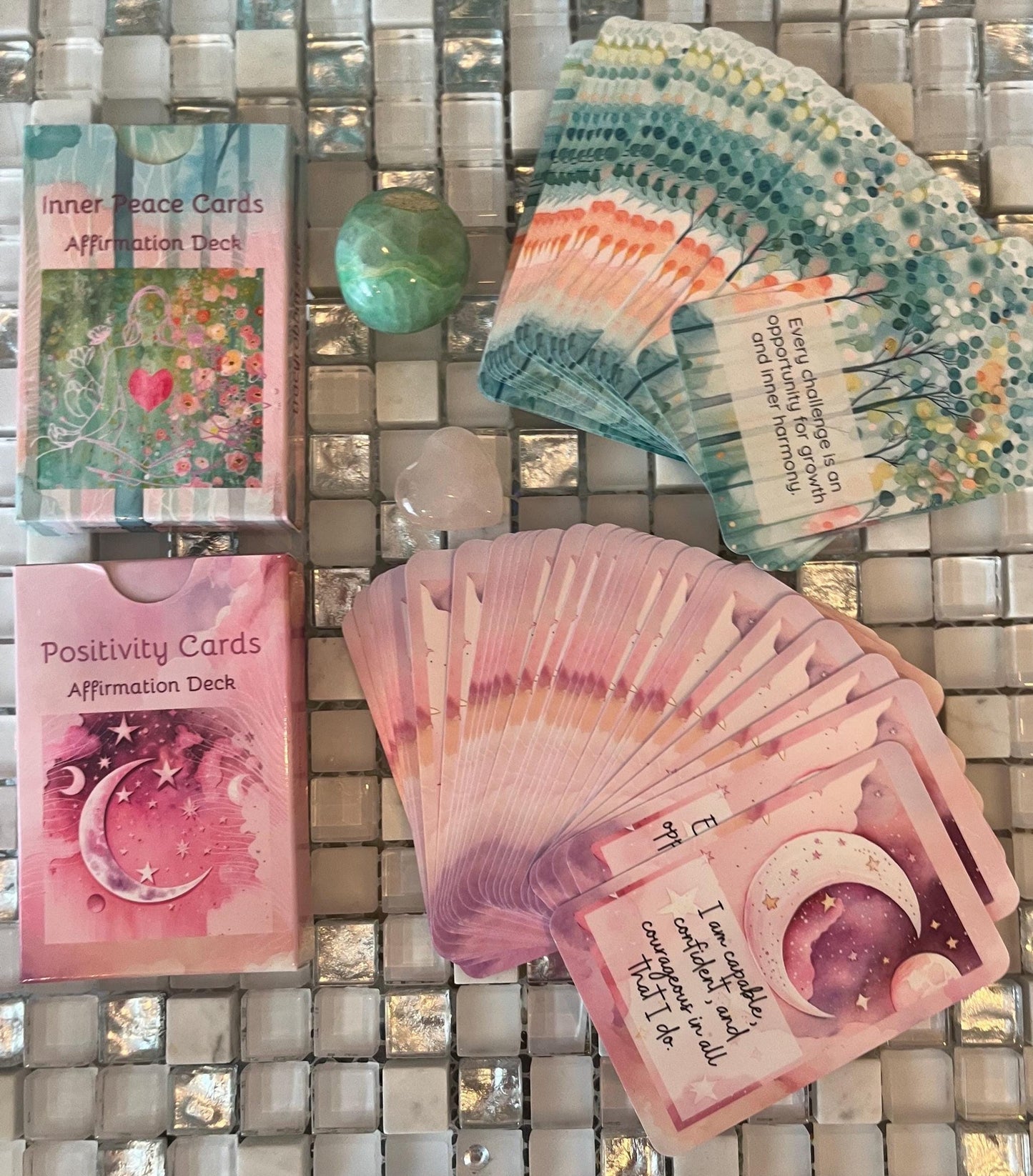 Positivity cards, affirmations, set of 30 cards, pick one a day for theme for day, do a spread as oracle cards, use with healing clients