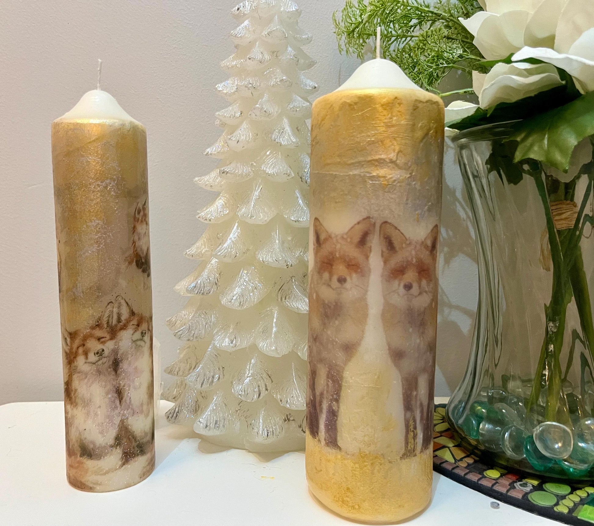 Large/Tall Pillar candle, silver/soft gold fox pair textured design 75 hours burning, matching items available separately.