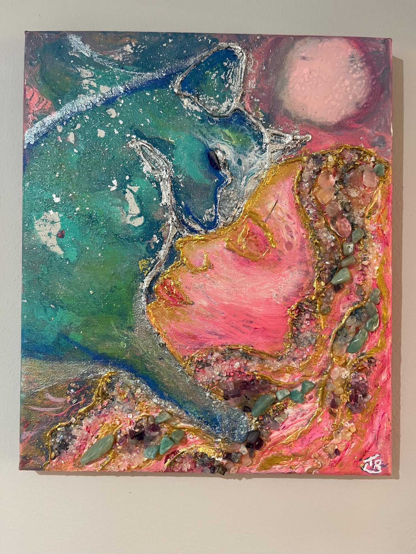 Original 3D art, fluid art on canvas with crystals, gold and silver leaf, “I choose you”, girl and cat, energy art, light encoded, quartz