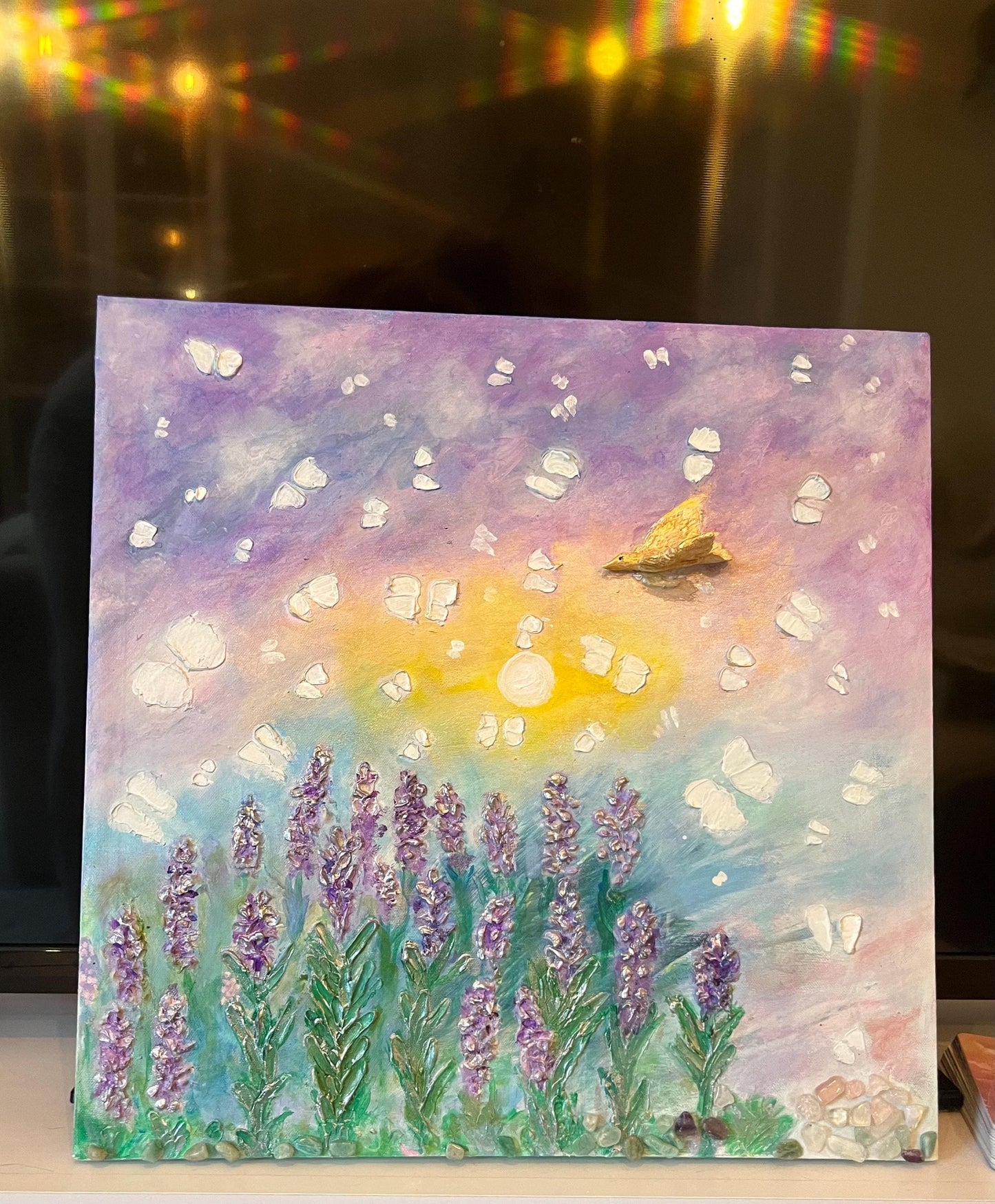 3D alchemical art: Spring Joy emerging through the winter sky, Acrylic on canvas with air dry clay sculptured dove and 3D modelled lavender.