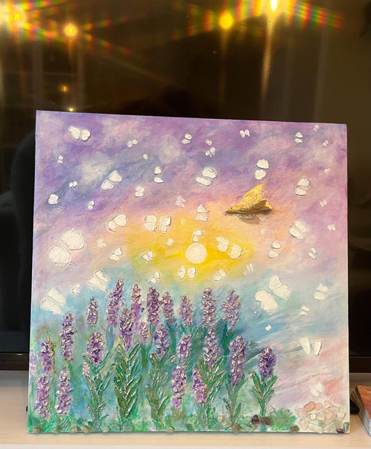 3D alchemical art: Spring Joy emerging through the winter sky, Acrylic on canvas with air dry clay sculptured dove and 3D modelled lavender.