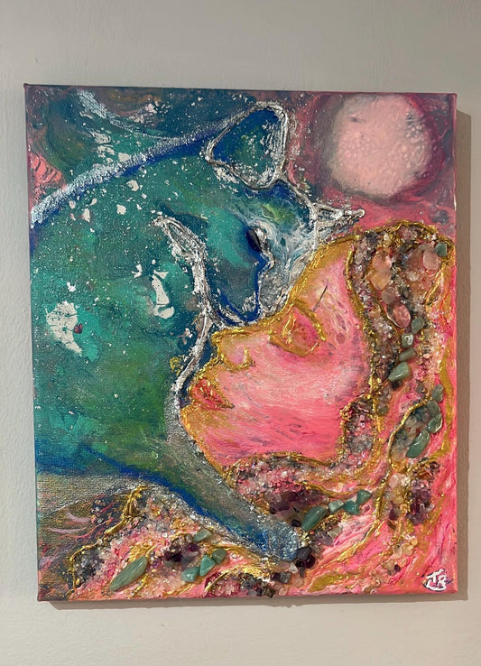 Original 3D art, fluid art on canvas with crystals, gold and silver leaf, “I choose you”, girl and cat, energy art, light encoded, quartz