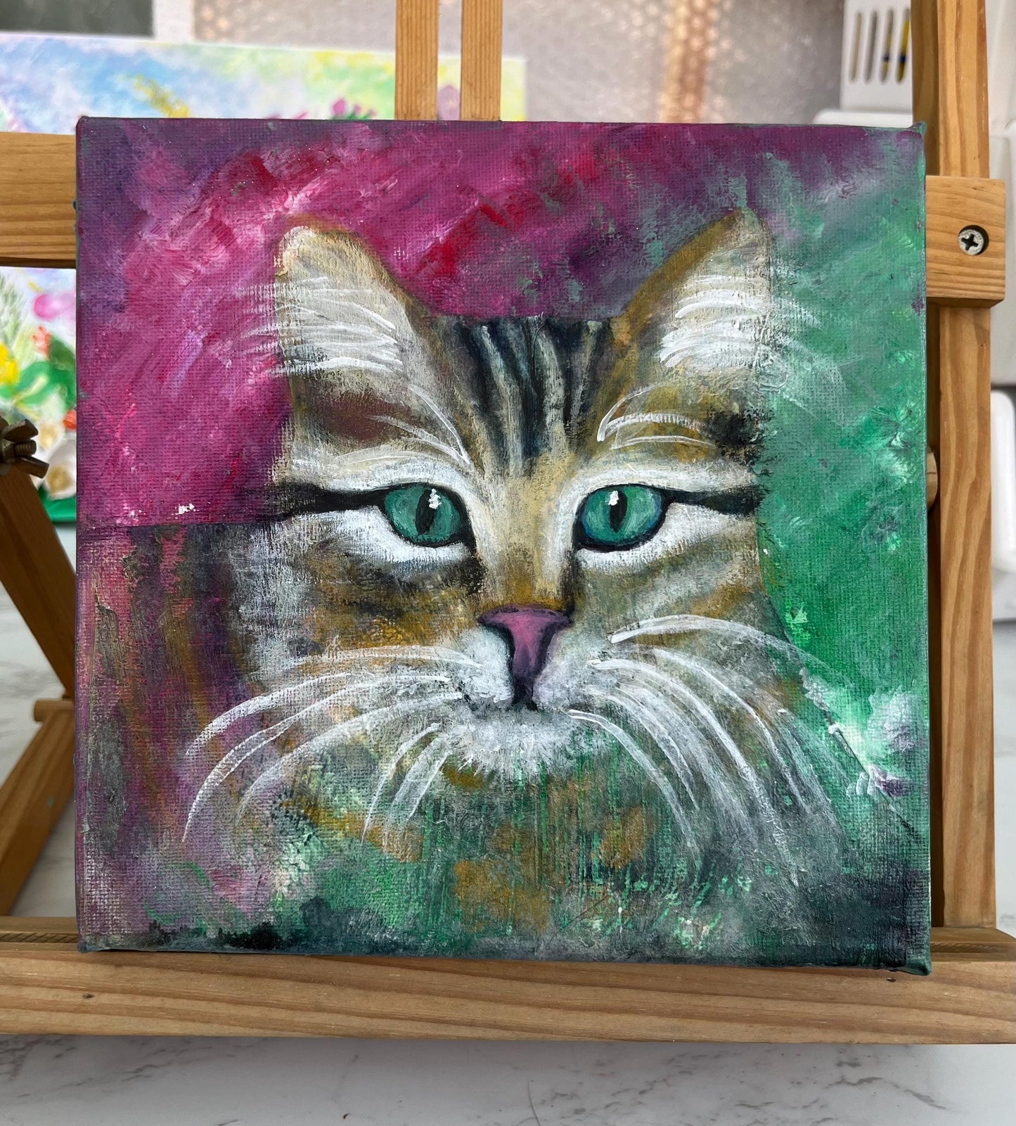 Acrylic painting on canvas, tabby cat with impression of small dove, light encoded, original art, accompanying channelled message about love