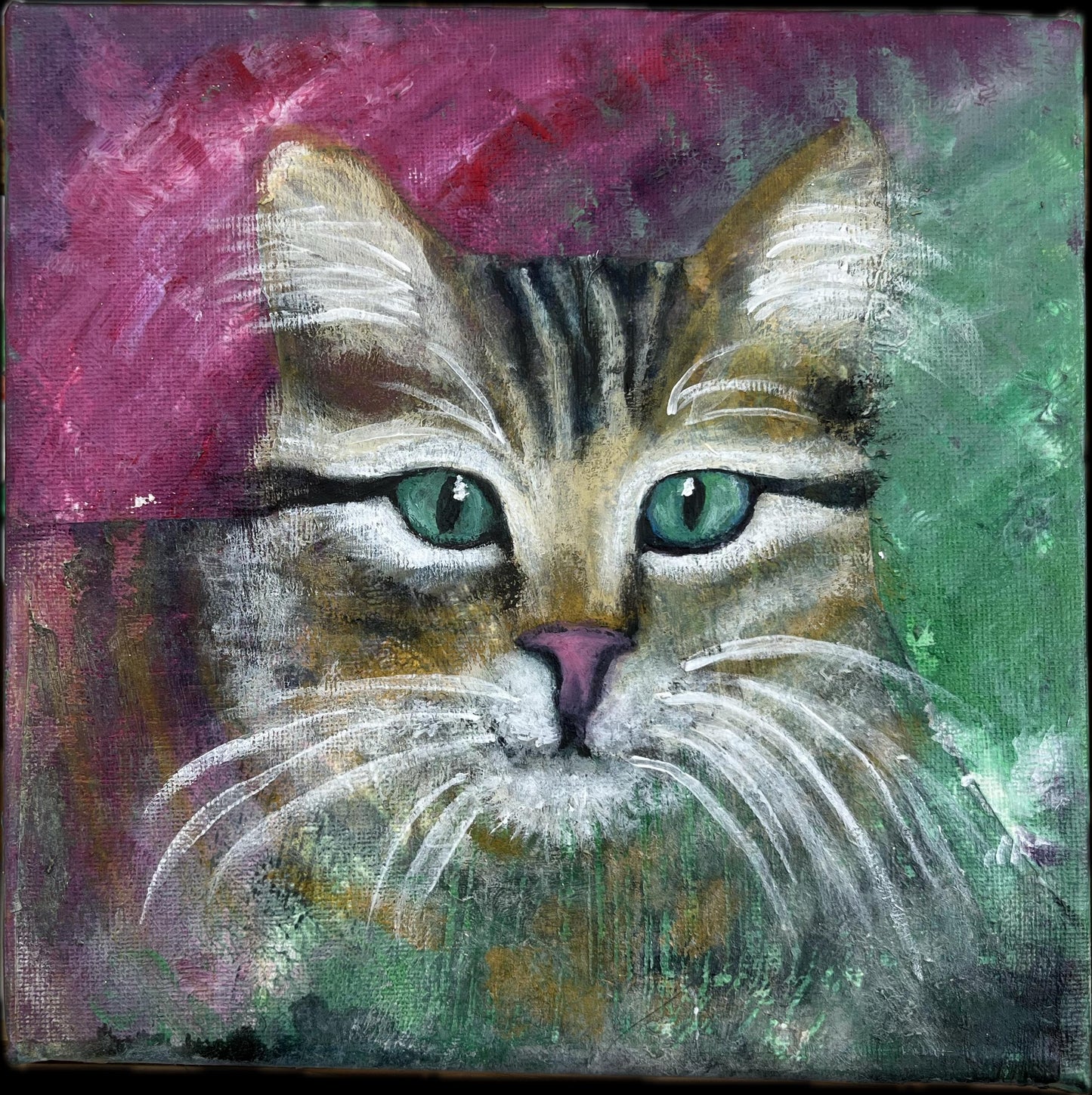 Acrylic painting on canvas, tabby cat with impression of small dove, light encoded, original art, accompanying channelled message about love