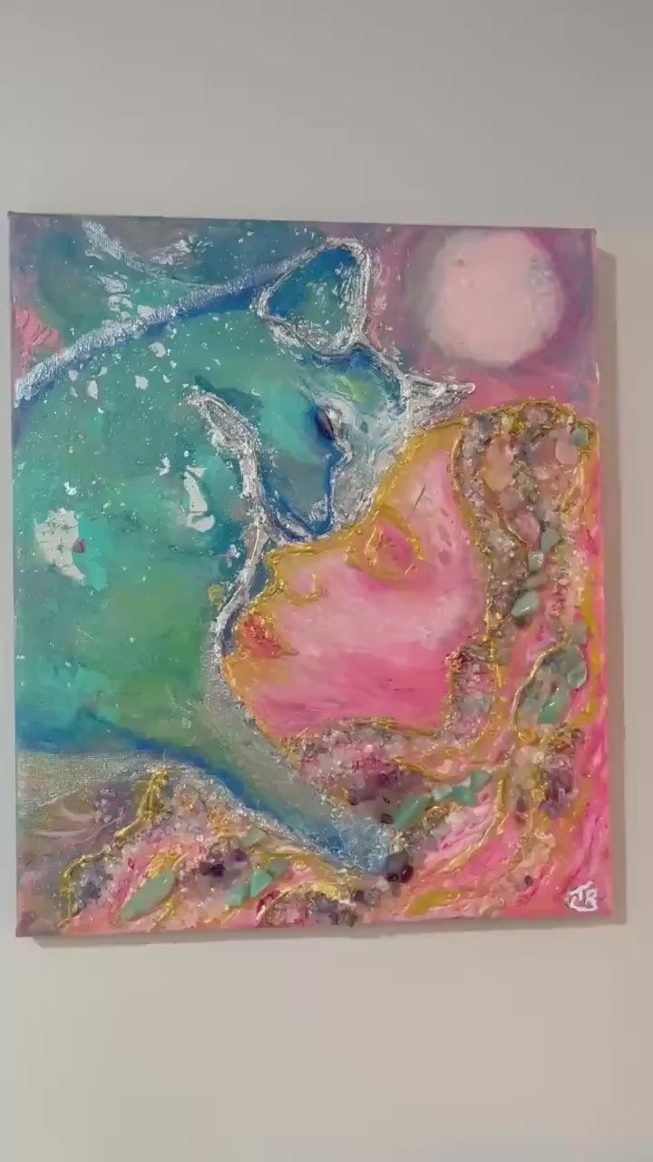 Original 3D art, fluid art on canvas with crystals, gold and silver leaf, “I choose you”, girl and cat, energy art, light encoded, quartz