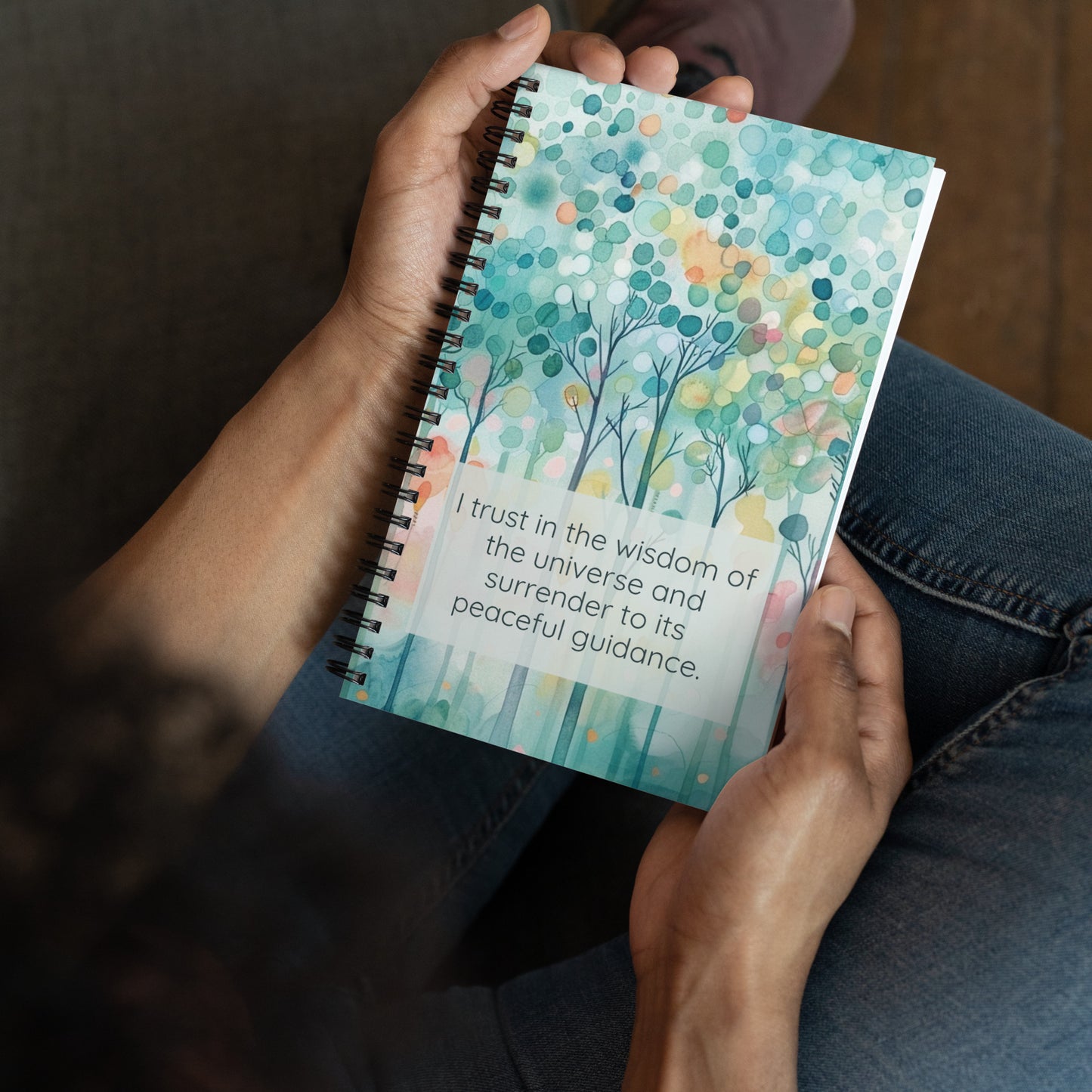 Peaceful Intentions Affirmation spiral notebook, "I trust in the wisdom of the universe and surrender to its peaceful guidance.”, 140 dotted pages