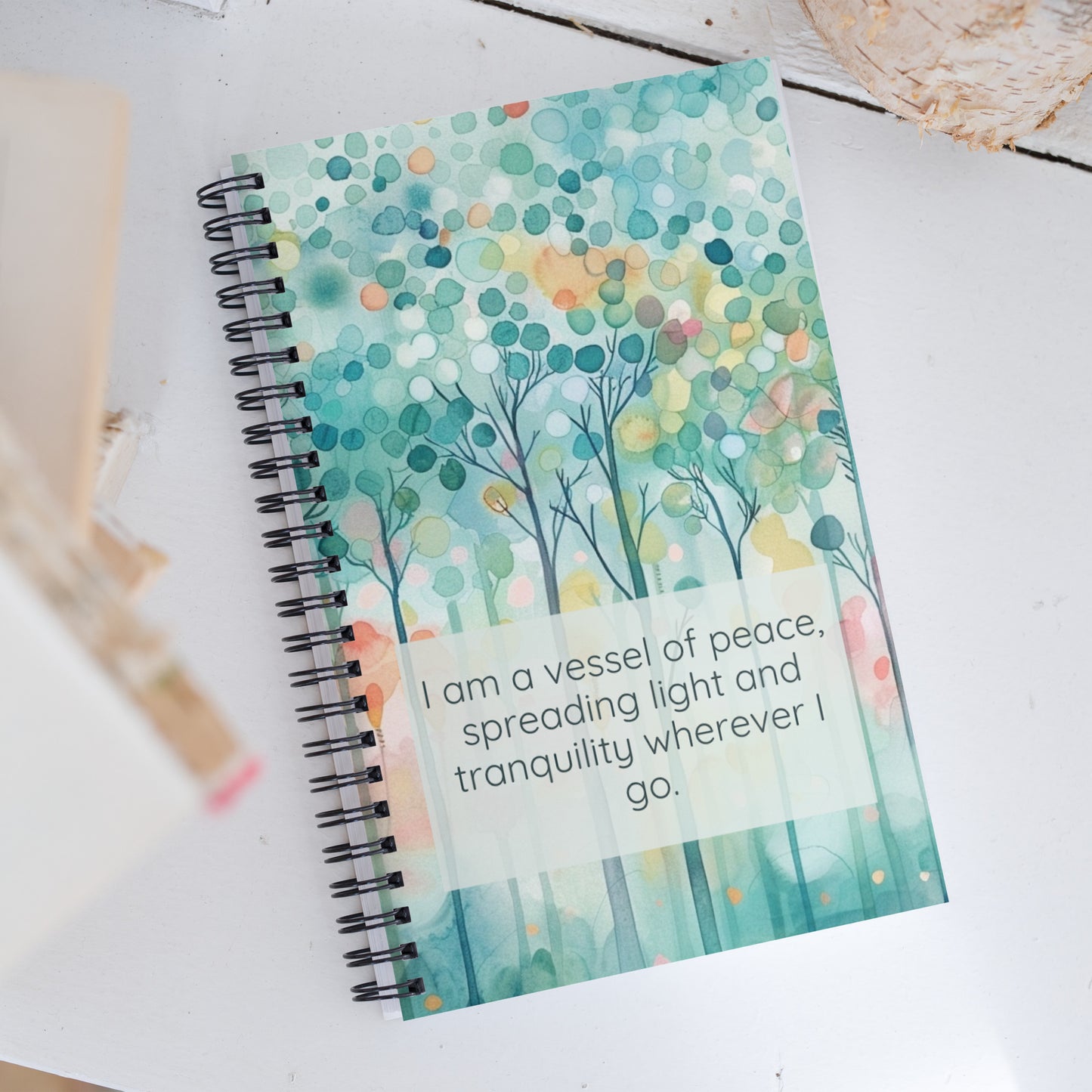 Peaceful Intentions Affirmation spiral notebook, "I am a vessel of peace, spreading light and tranquility wherever I go.”, 140 dotted pages