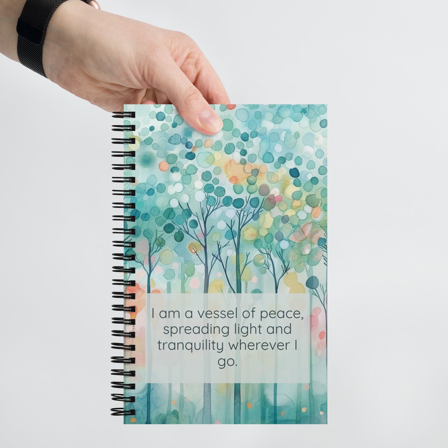 Peaceful Intentions Affirmation spiral notebook, "I am a vessel of peace, spreading light and tranquility wherever I go.”, 140 dotted pages