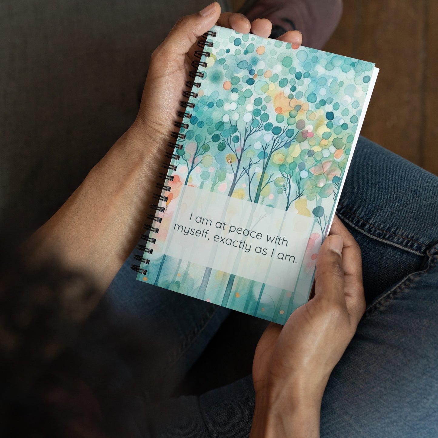 Peaceful Intentions Affirmation spiral notebook, "I am at peace with myself, exactly as I am.”, 140 dotted pages