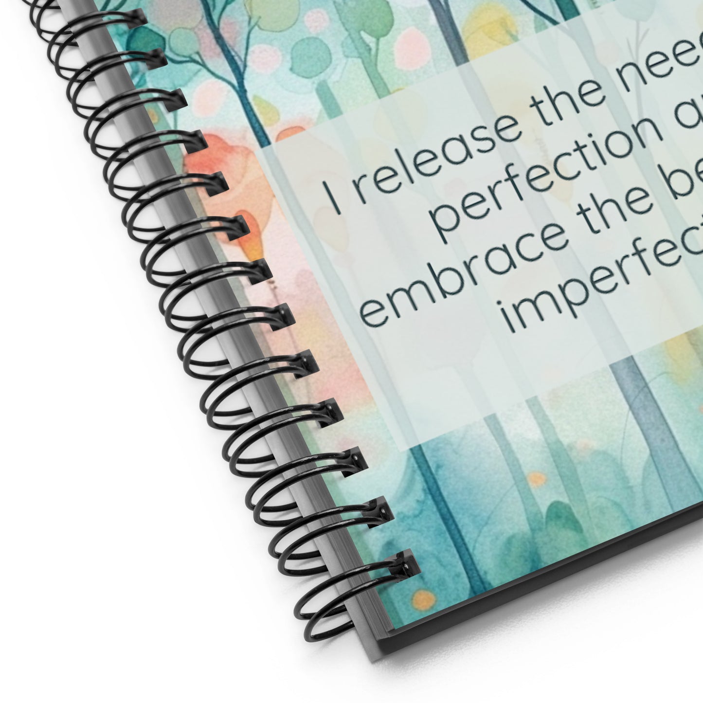 Peaceful Intentions Affirmation spiral notebook, "I release the need for perfection and embrace the beauty of imperfection.”, 140 dotted pages