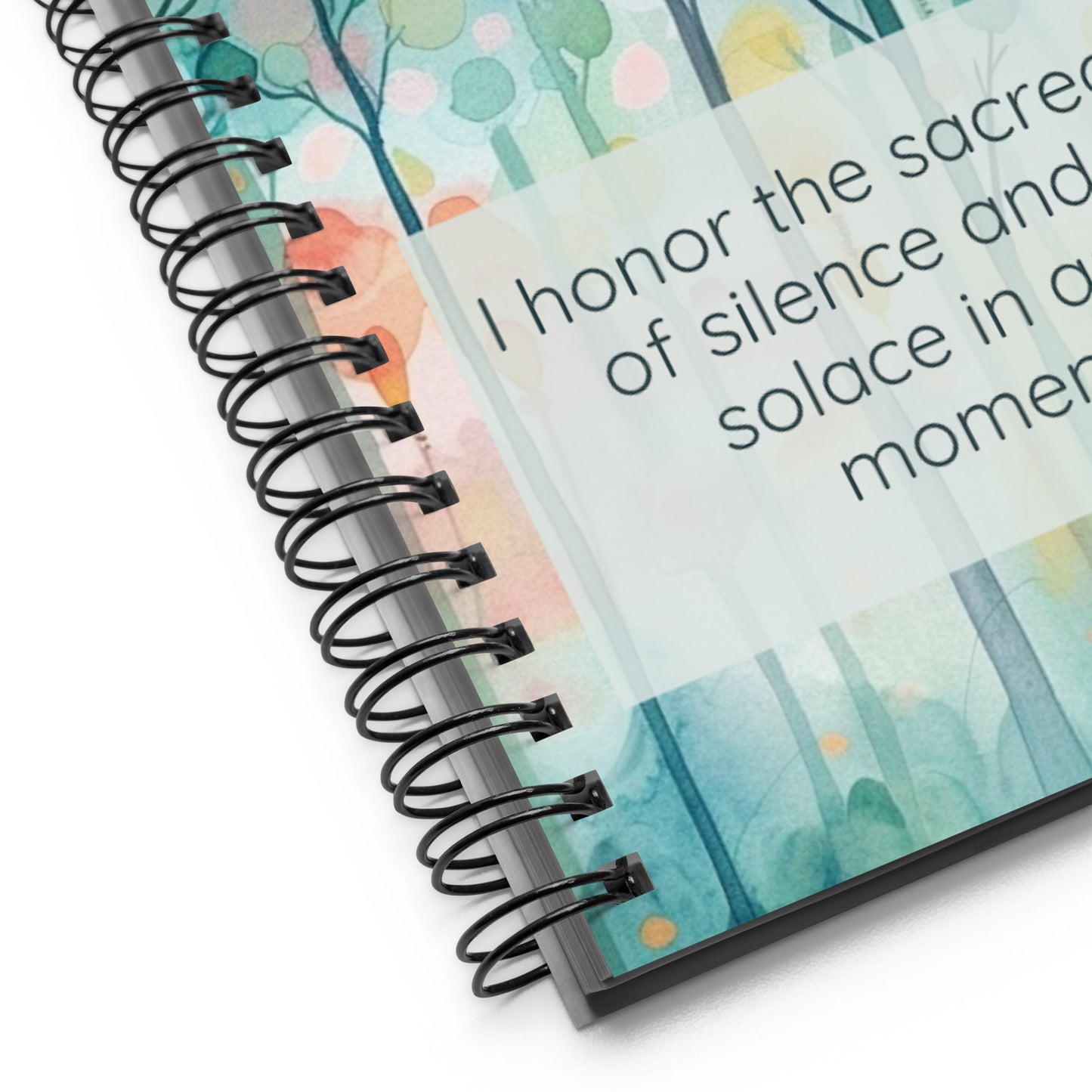 Peaceful Intentions Affirmation spiral notebook, "I honour the sacredness of silence and find solace in quiet moments.”, 140 dotted pages