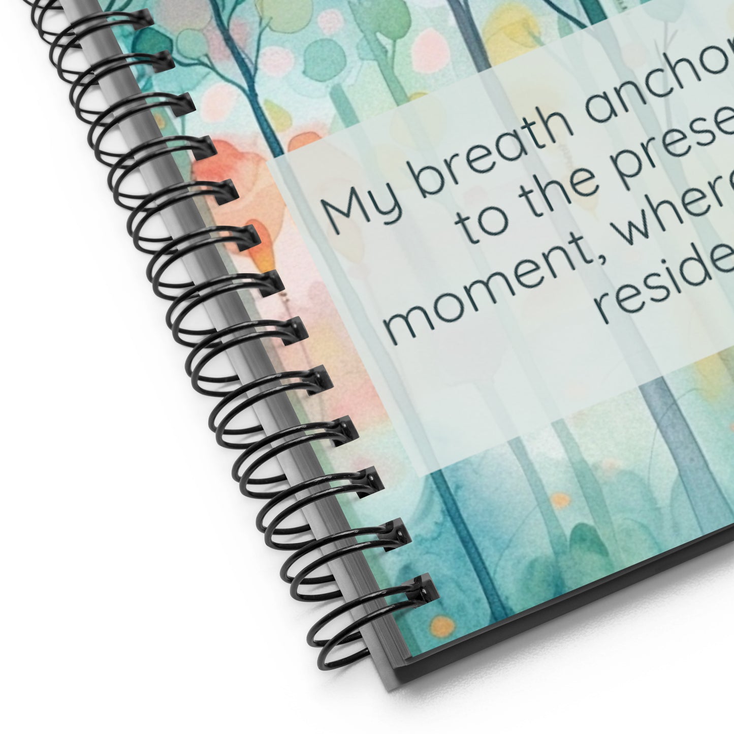 Peaceful Intentions Affirmation spiral notebook, "My breath anchors me to the present moment, where peace resides.”, 140 dotted pages