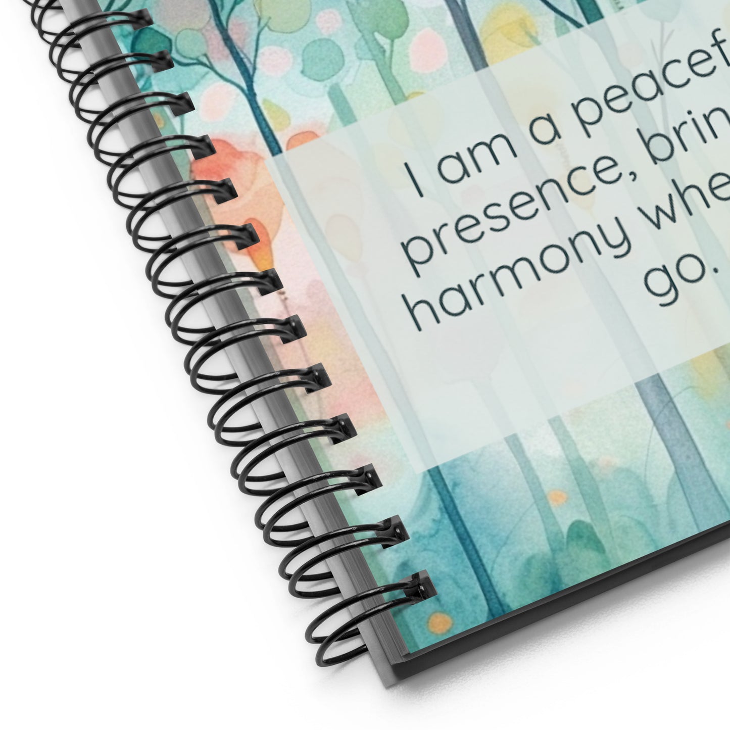 Peaceful Intentions Affirmation spiral notebook, "I am a peaceful presence, bringing harmony wherever I go.”, 140 dotted pages