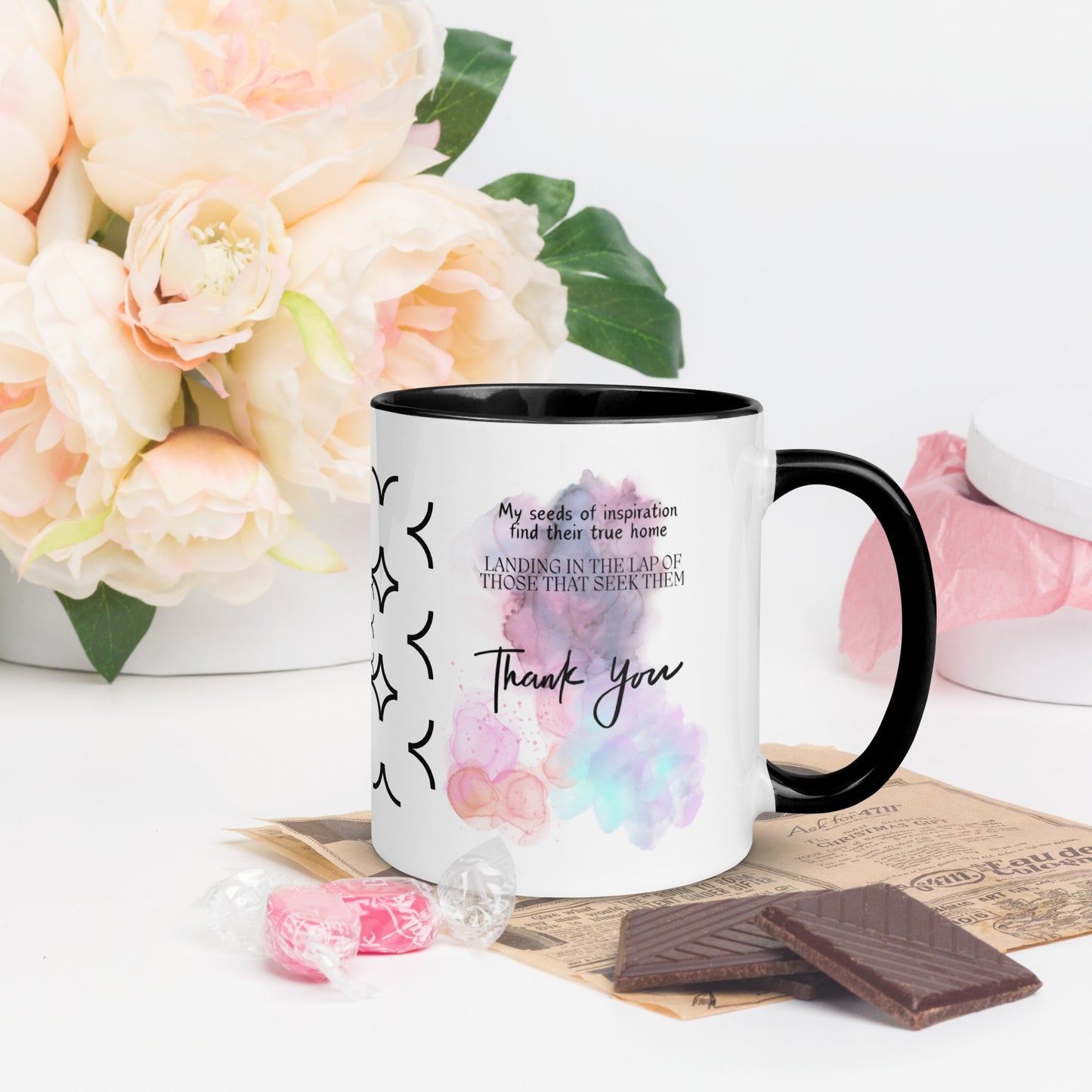 Two tone mug, affirmation, my seeds of inspiration find their true home, landing in the lap of those that seek them, thank you, choice of colours