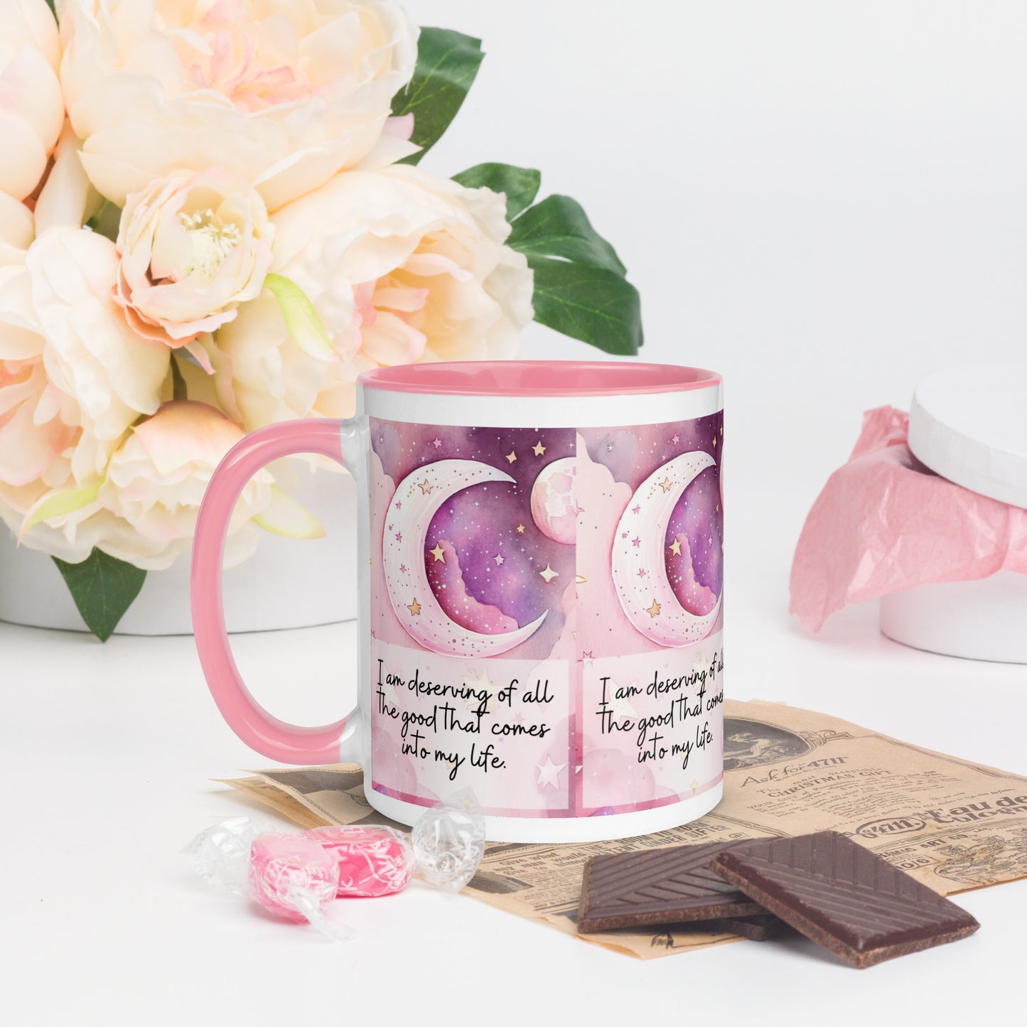 Positivity Affirmation Mug with Color Inside, I am deserving of all the good that comes into my life, pink moon, stars, night sky