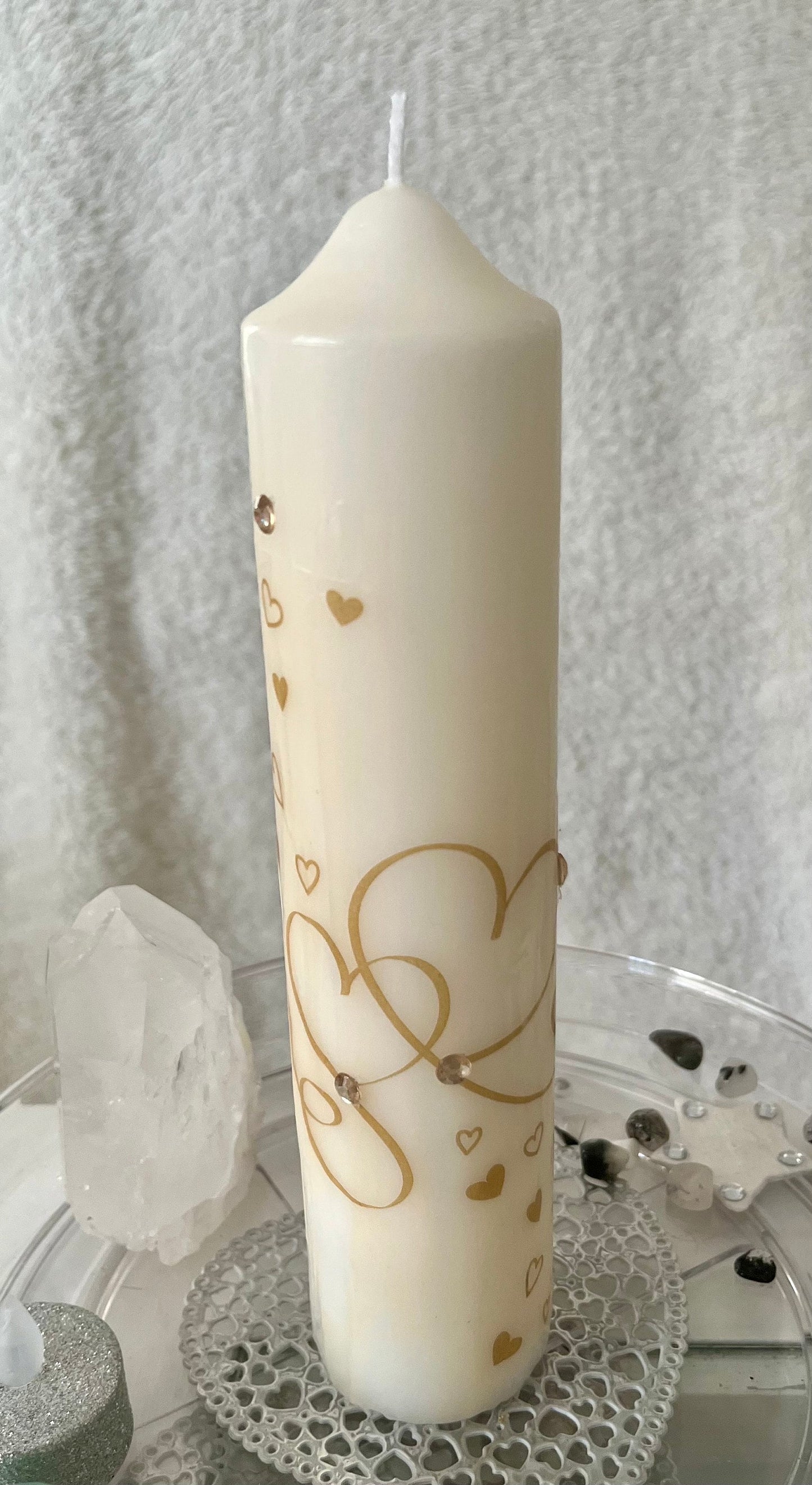 Tall Pillar candle with golden love heart design and sparkles 75hour burning, gift for lovers