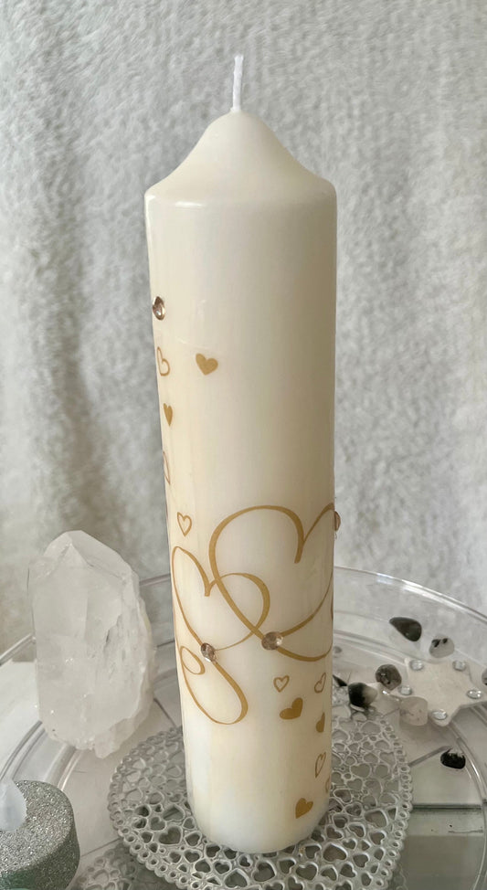 Tall Pillar candle with golden love heart design and sparkles 75hour burning, gift for lovers