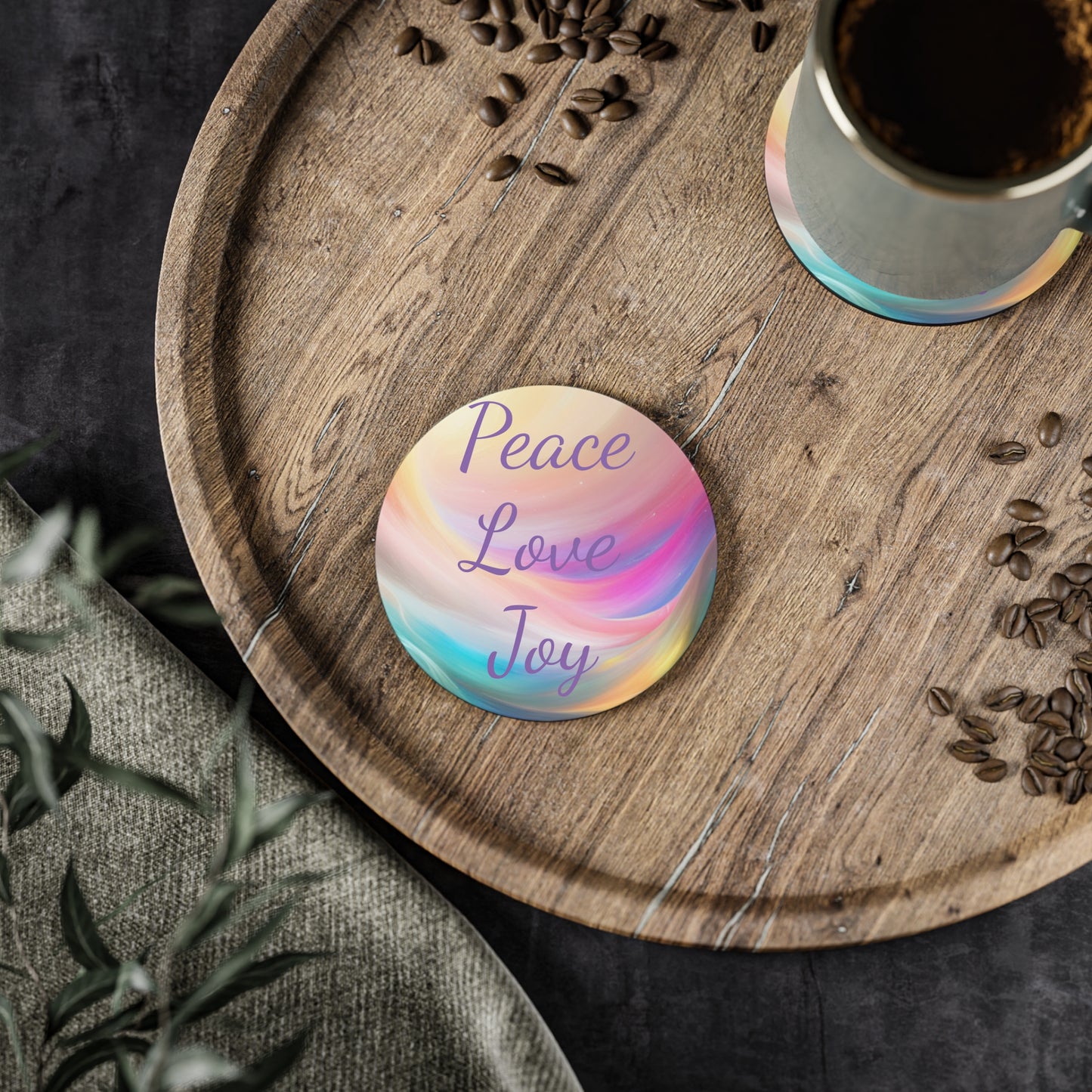 Peace, love, joy Coasters, singe or set of 4, round or square, upgrade your decor and be reminded of your high vibe intentions with every sip, Aus, UK, USA