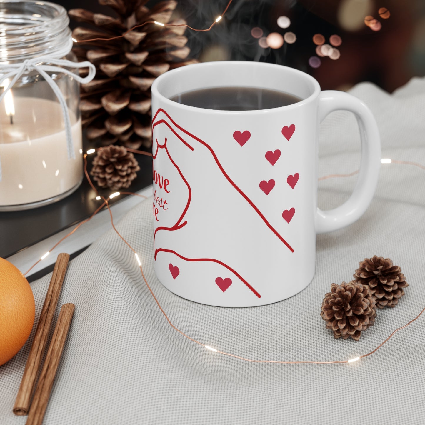 Self love is the best care White Ceramic Mug, 11oz, hearts, red, hand, she, her, gift for her, self, love, care