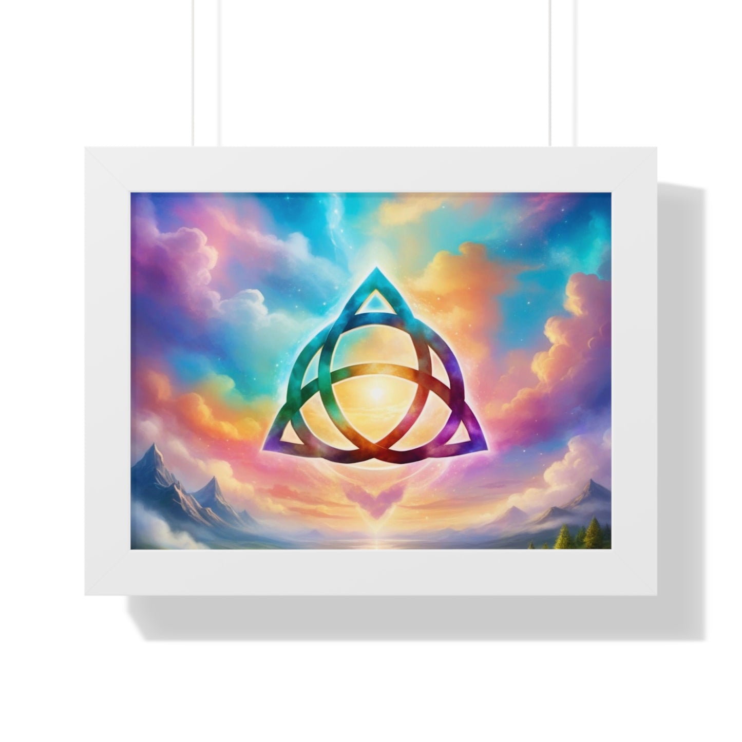 Framed Horizontal Poster, Triquetra and words, the power of 3 is part of me, various colours and sizes, colourful sky