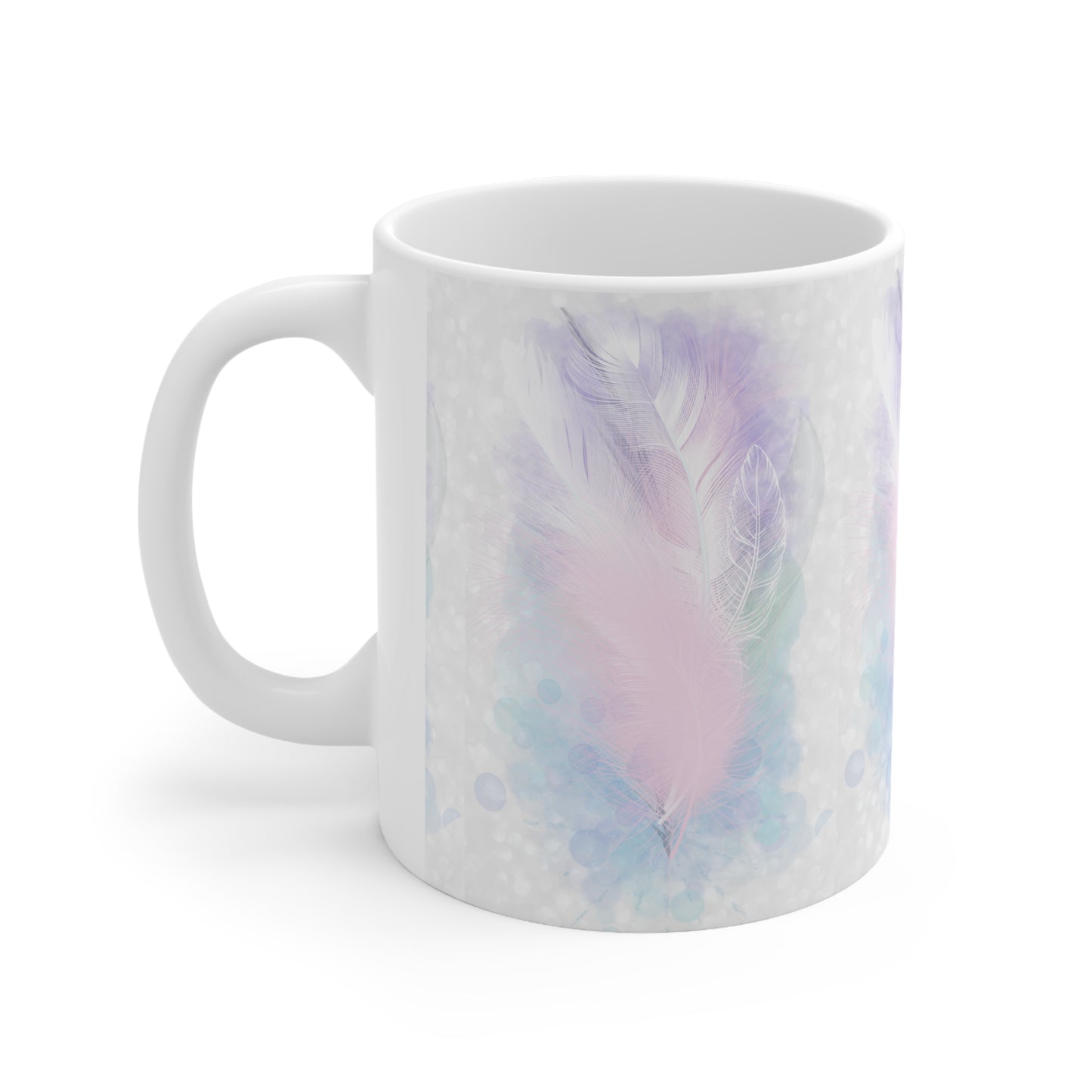 White Ceramic Mug, 11oz, light encoded with unity consciousness energies, divine union, ascension coffee cup, alchemical art, activated feather design