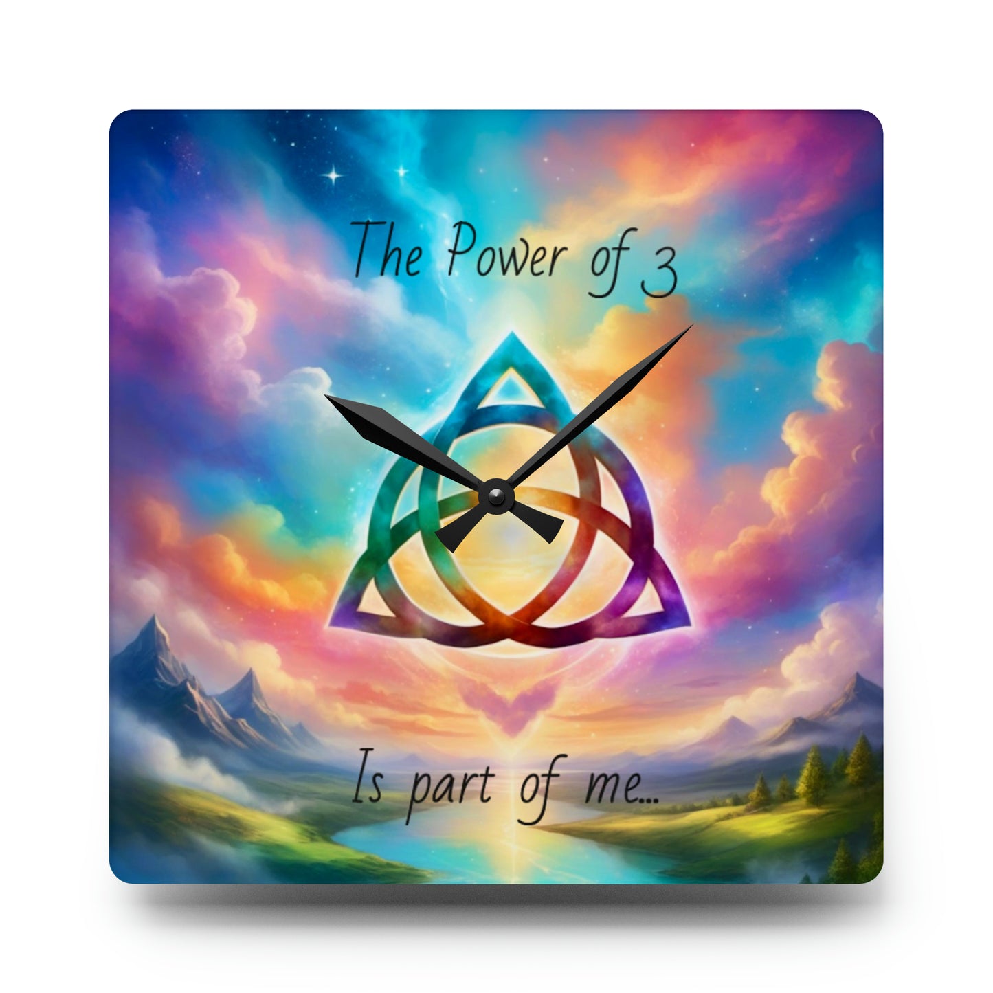 Acrylic Wall Clock, the power of 3 is part of me affirmation, brightly coloured sky with a triquetra symbol on it.