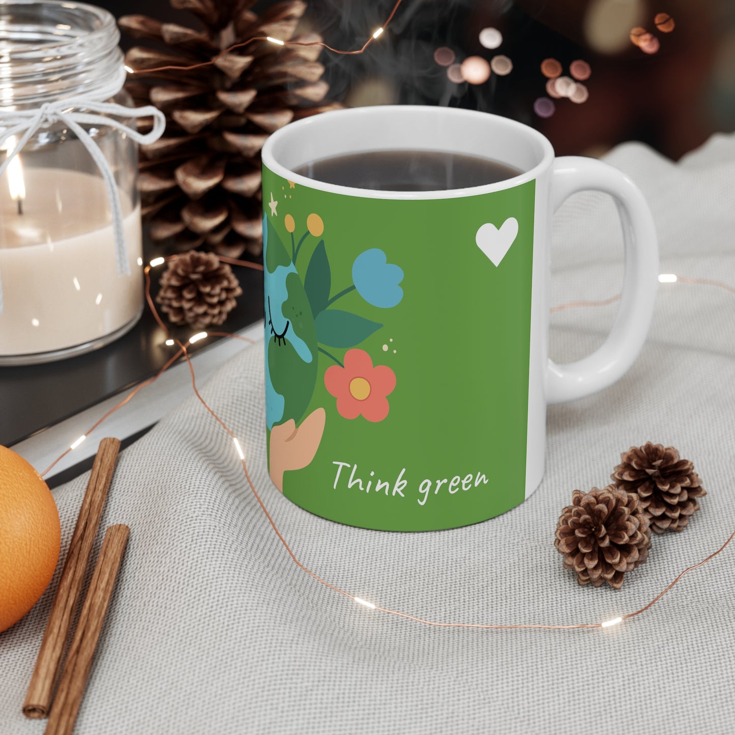 It's cool to care, think green White Ceramic Mug, 11oz, planet, Uk, Aus, Us, Green, heart, love, unisex, gift for all, him, she, hand