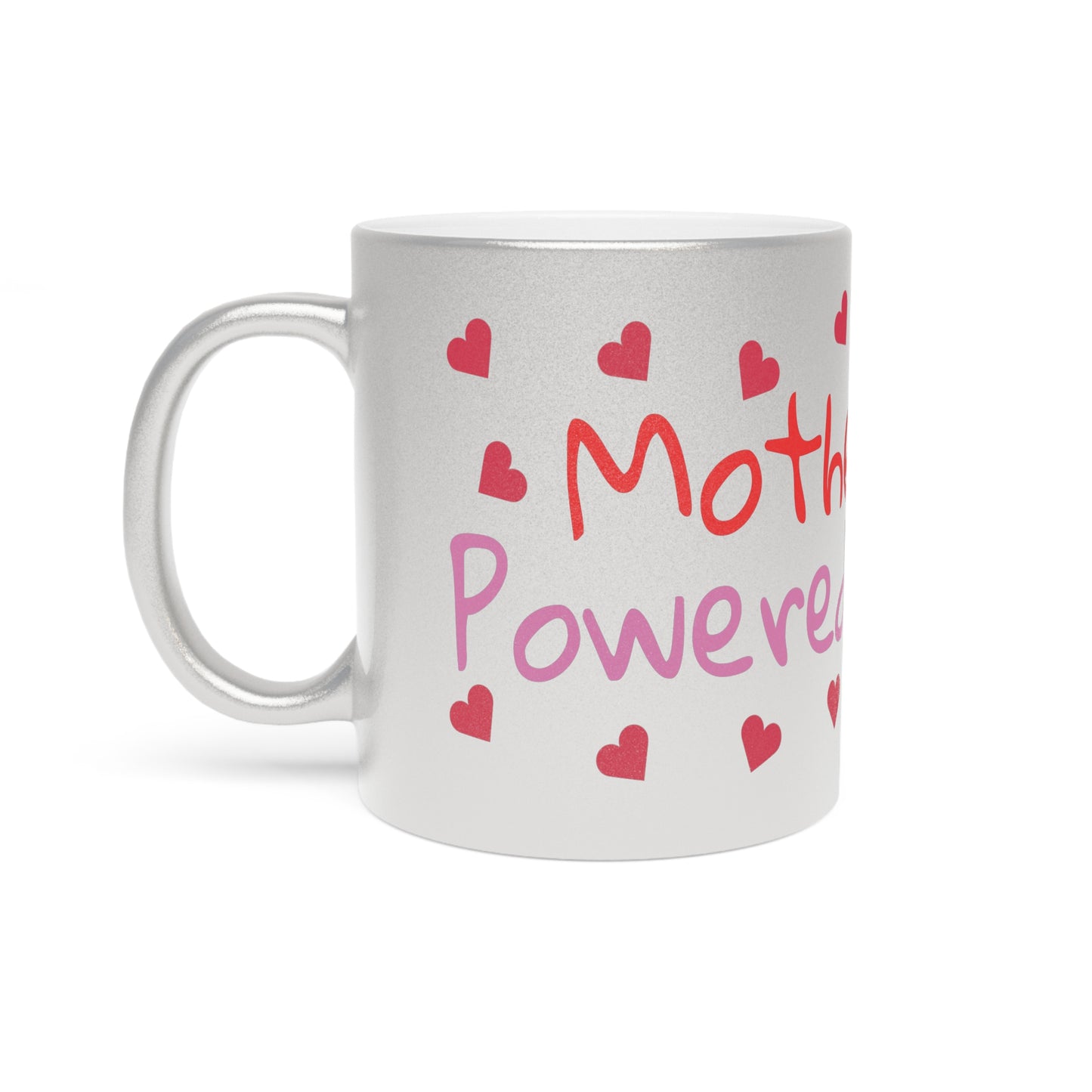 Motherhood powered by love, Metallic Mug (Silver) 11oz, mothers day, mom, gift, present, coffee cup, silver, hearts