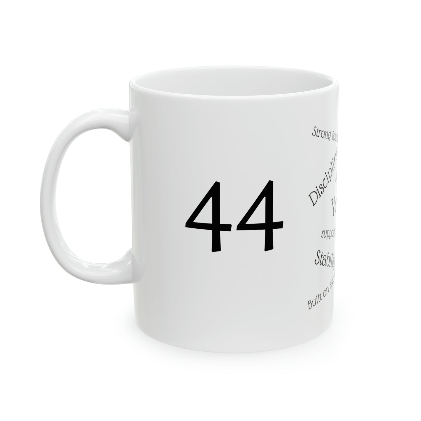 Ceramic Mug, 11oz, 44th birthday, numerology, number meaning, gift, him, her, white, black text