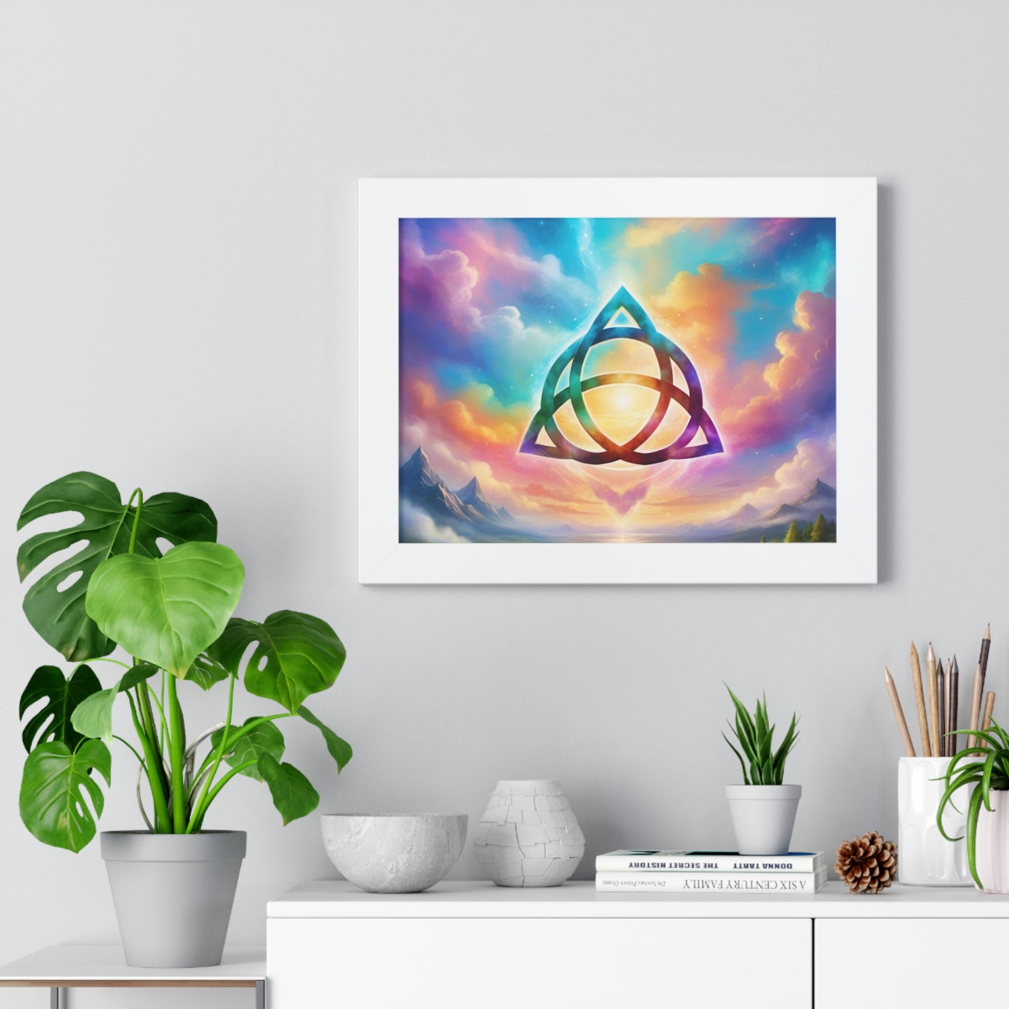 Framed Horizontal Poster, Triquetra and words, the power of 3 is part of me, various colours and sizes, colourful sky