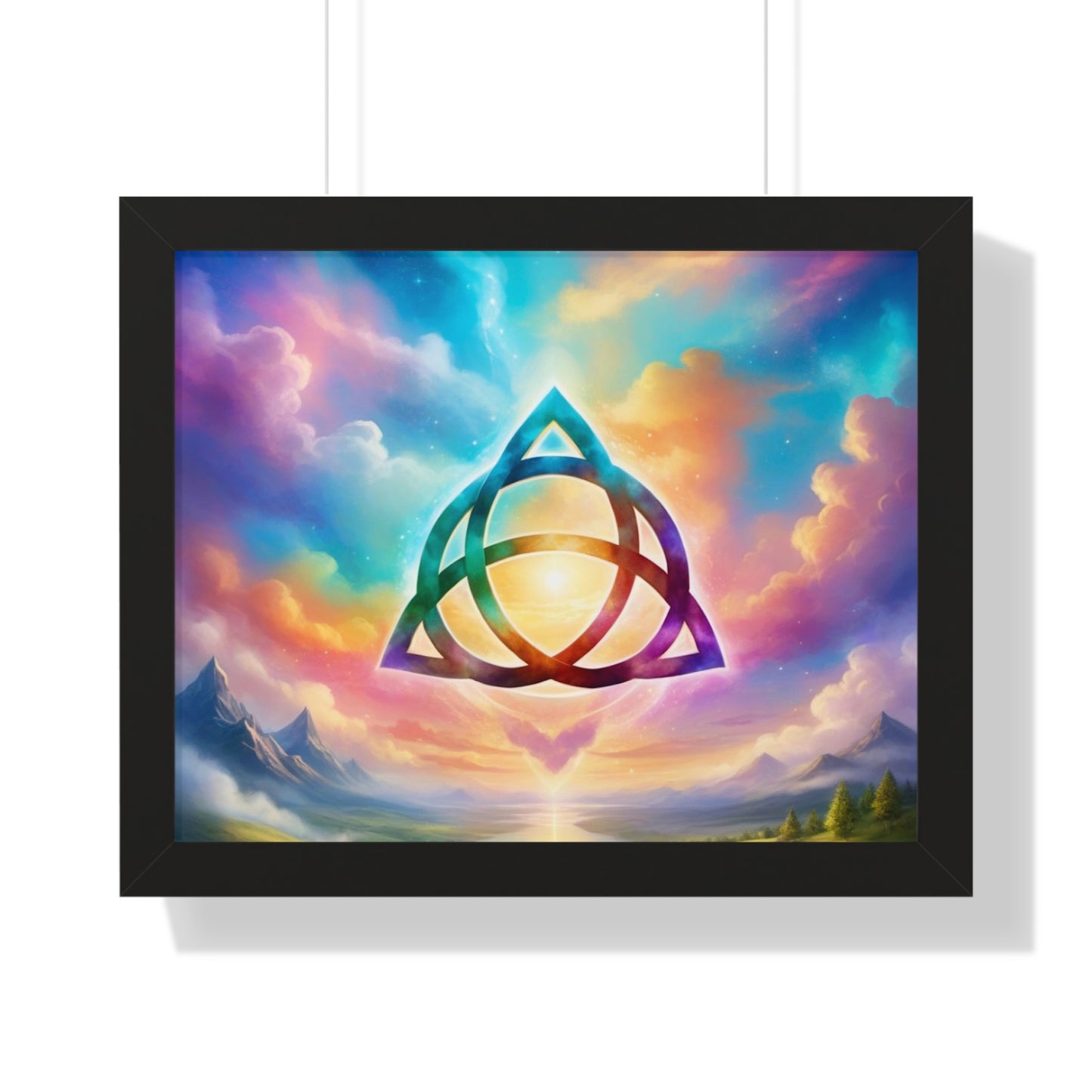 Framed Horizontal Poster, Triquetra and words, the power of 3 is part of me, various colours and sizes, colourful sky