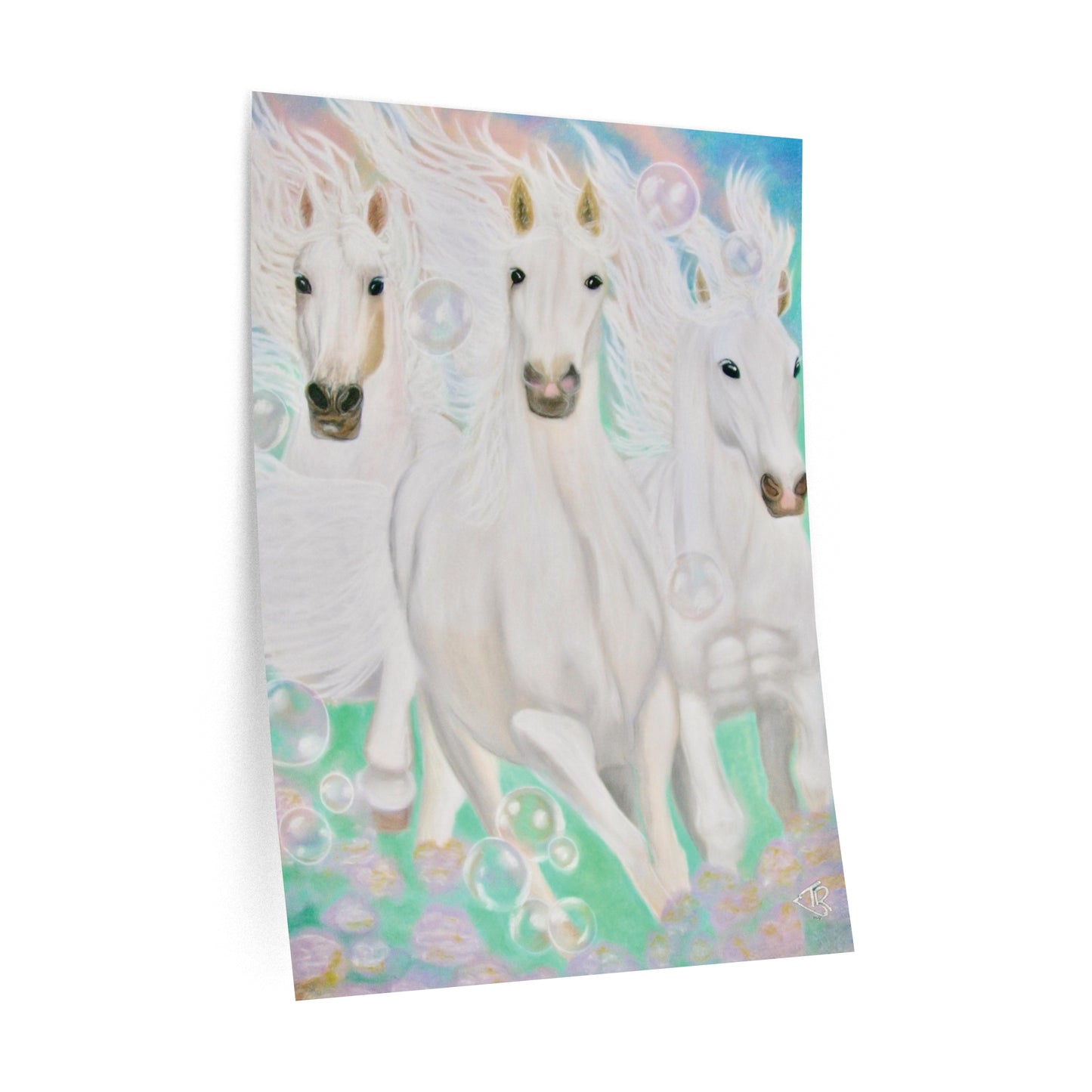 Energised Wall Decal of 3 white horses galloping towards you in fantasy pink and green background, flowing manes, painting created with healing energy, light codes, healing art