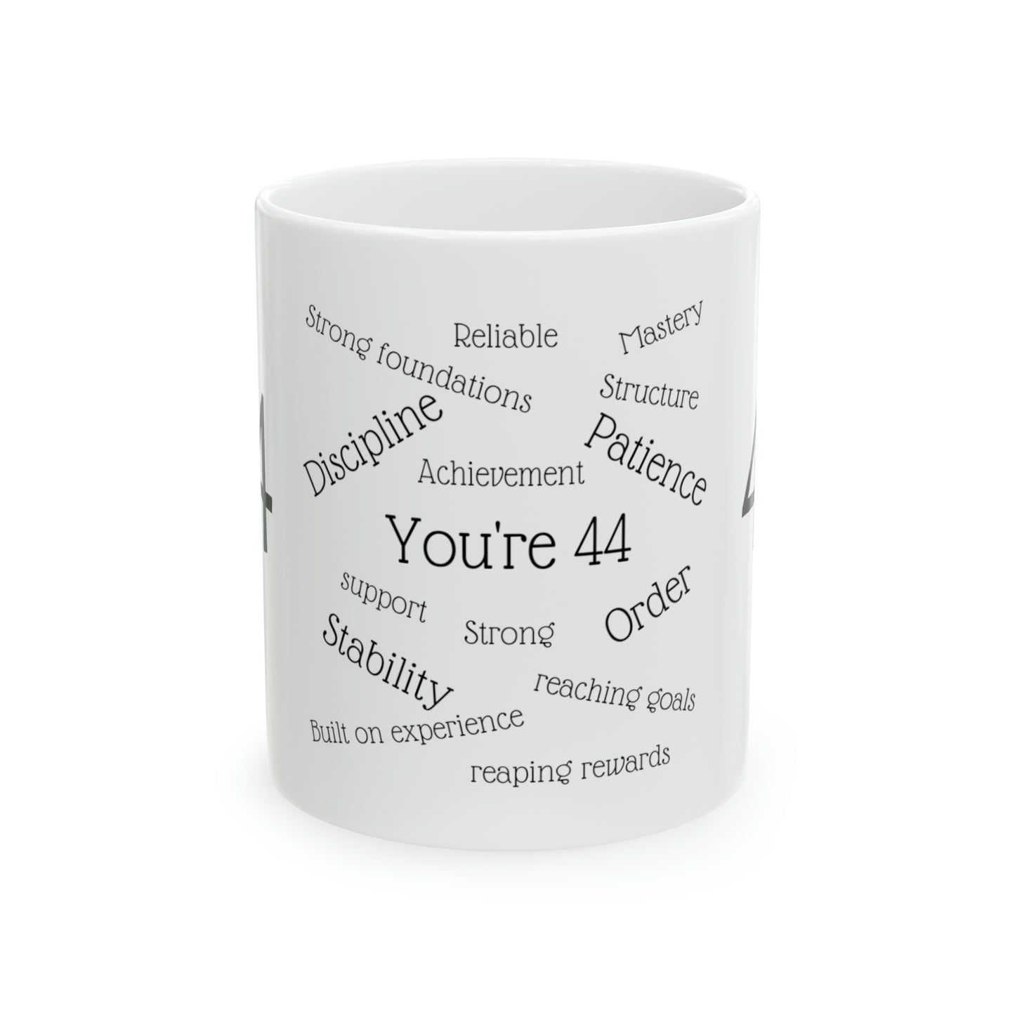 Ceramic Mug, 11oz, 44th birthday, numerology, number meaning, gift, him, her, white, black text