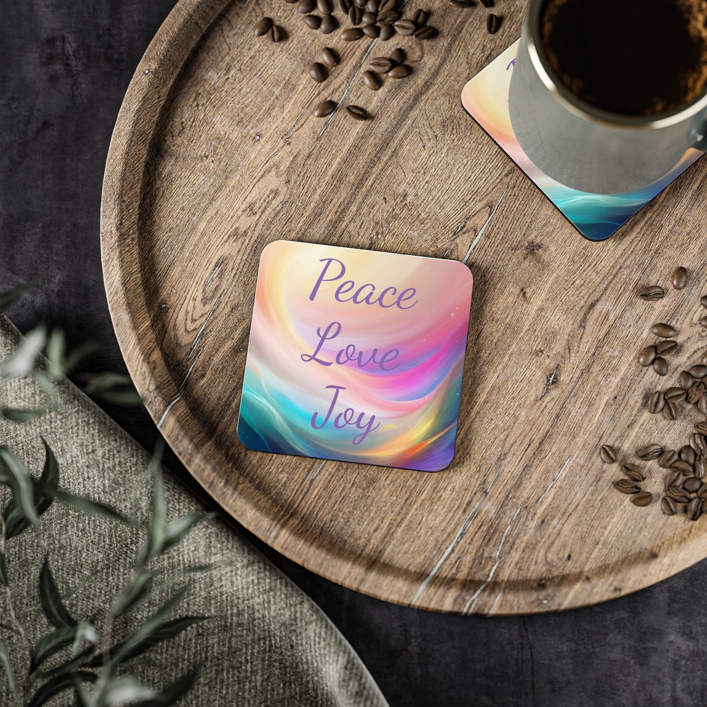 Peace, love, joy Coasters, singe or set of 4, round or square, upgrade your decor and be reminded of your high vibe intentions with every sip, Aus, UK, USA