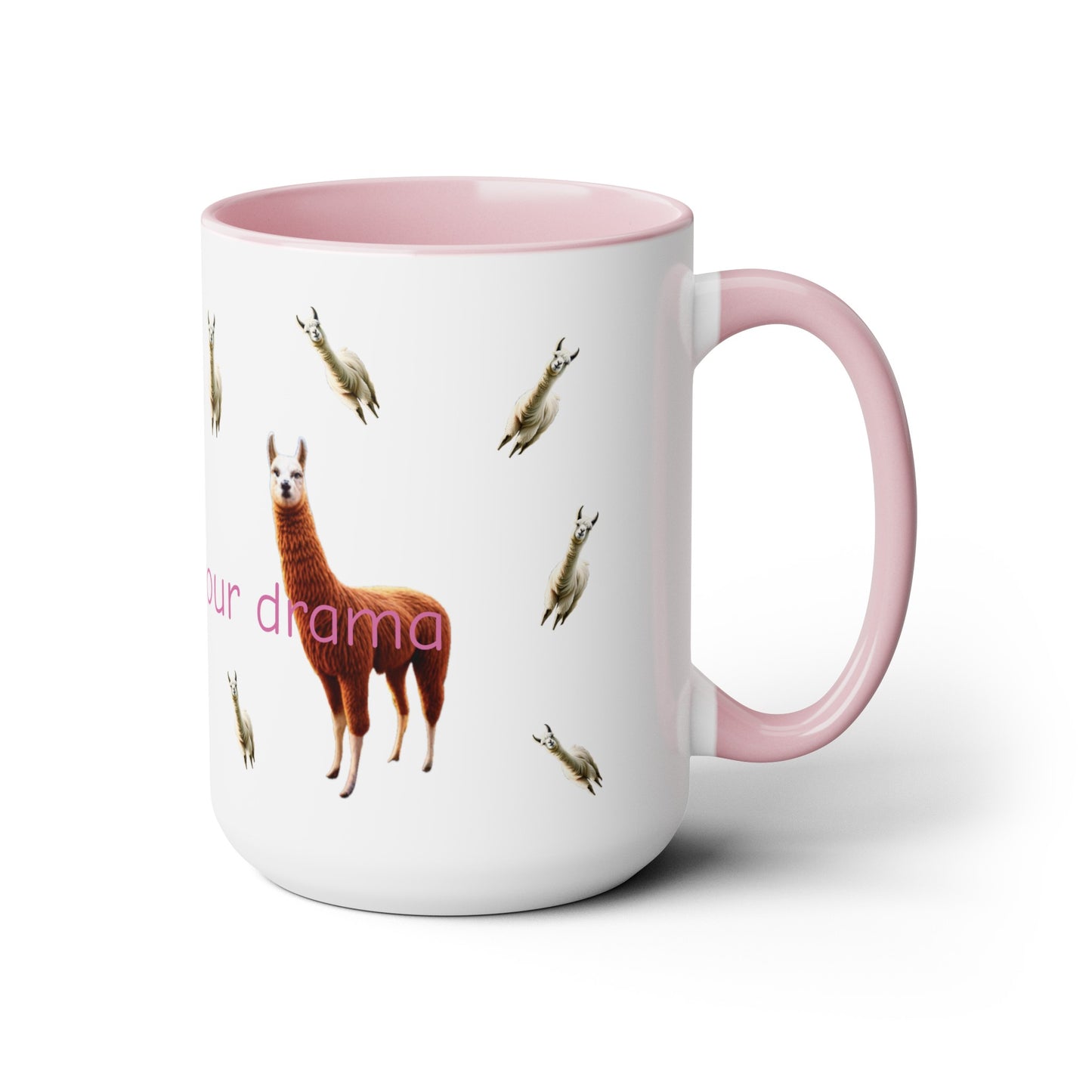 Mama Llama, no time for drama Two-Tone Coffee Mugs, 15oz, gift for mom, llama, choice of colour, pink, blue