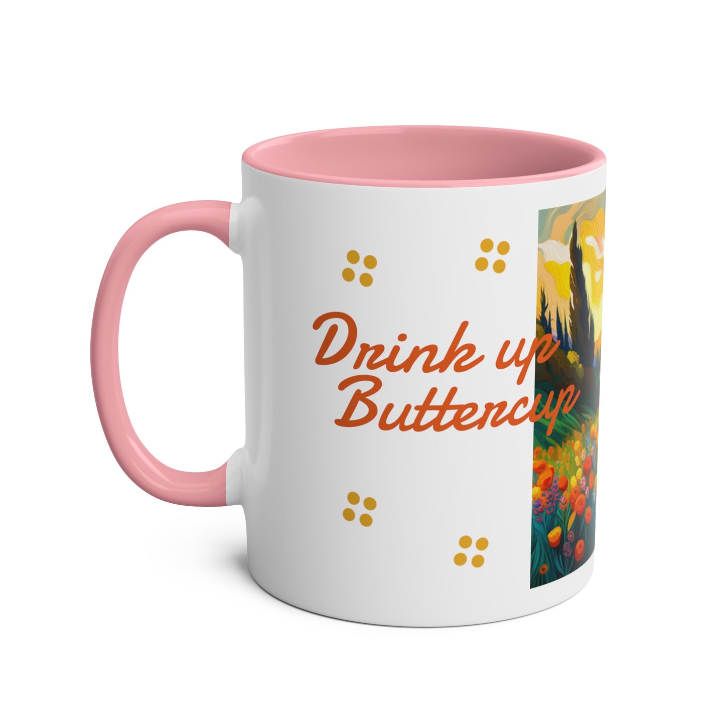 Drink up buttercup Two-Tone Coffee Mugs, 11oz, choice of 3 colours, refreshing, flowers, tea, hot drink, unisex, UK