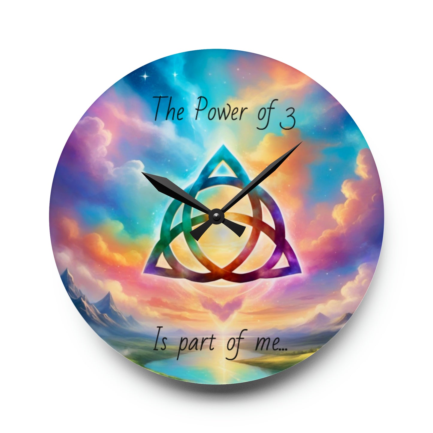 Acrylic Wall Clock, the power of 3 is part of me affirmation, brightly coloured sky with a triquetra symbol on it.