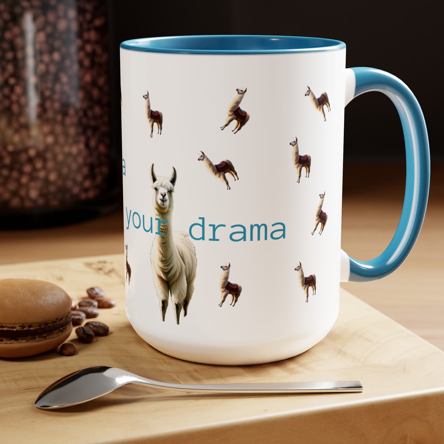 Mama Llama, no time for drama Two-Tone Coffee Mugs, 15oz, gift for mom, llama, choice of colour, pink, blue