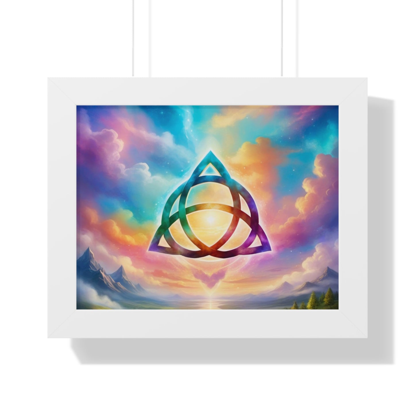 Framed Horizontal Poster, Triquetra and words, the power of 3 is part of me, various colours and sizes, colourful sky