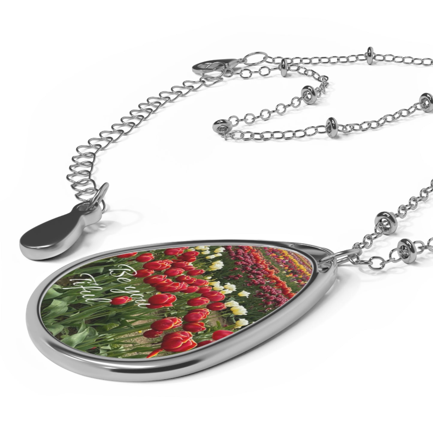 Be you tiful Oval Necklace, Tulip, colourful, flowers, red, white, writing, gift for her, she, Aus, UK, USA