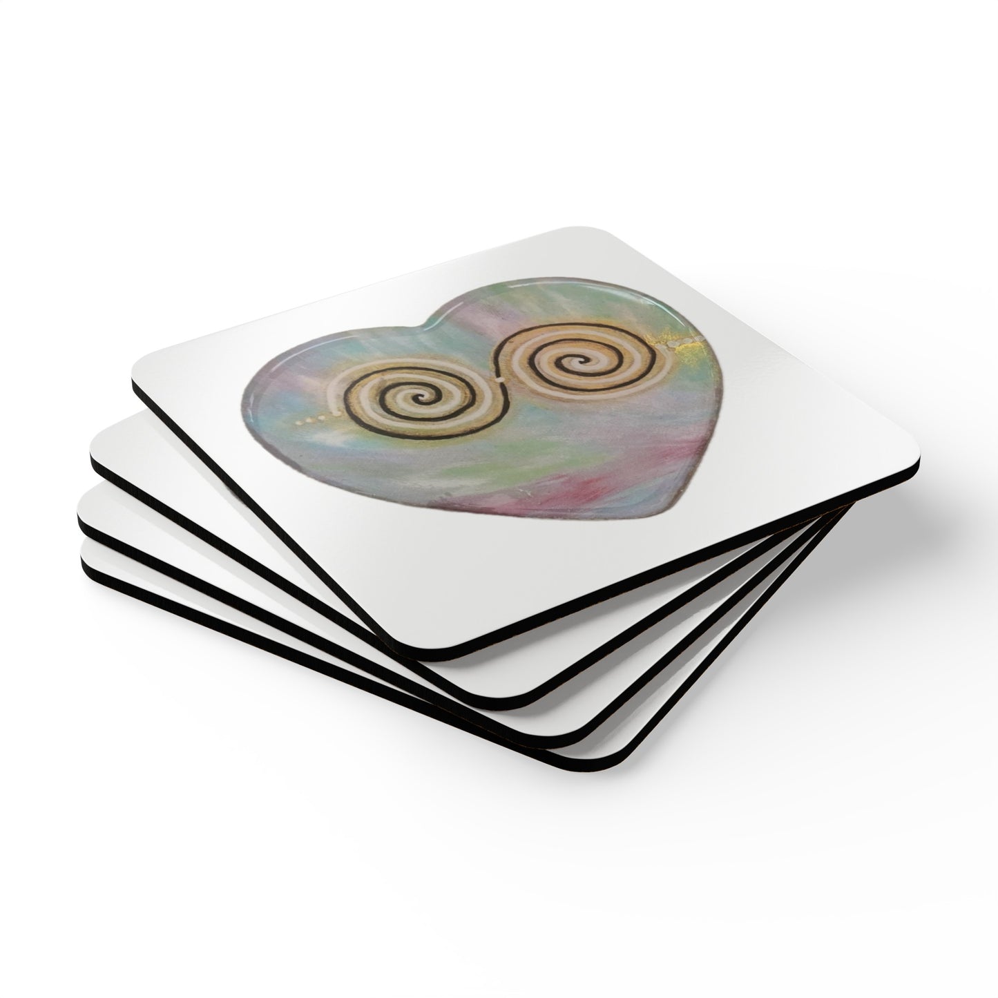 Twinflame unity activated double spiral set of 4 coasters, corkback,  alchemical art energises your food, drink or object with divine union energy