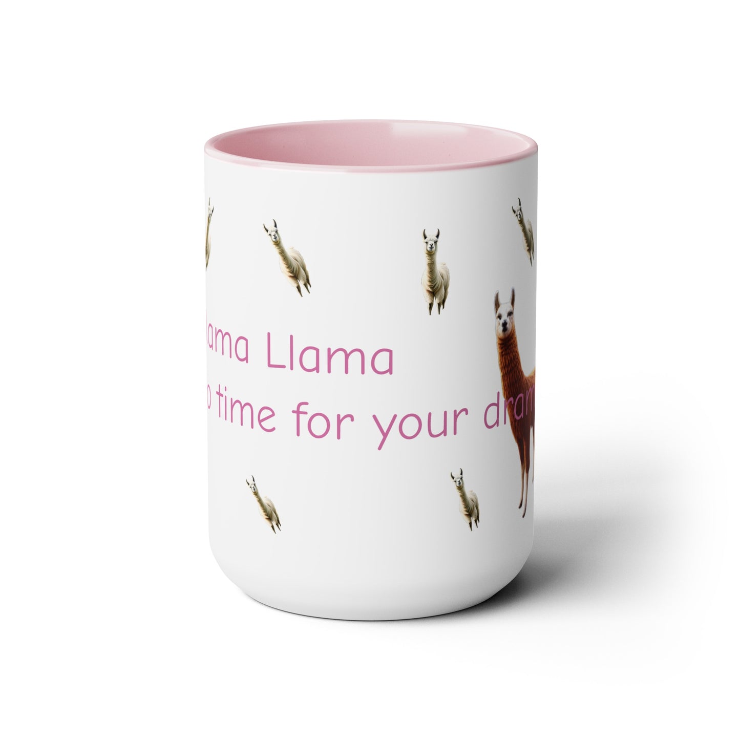 Mama Llama, no time for drama Two-Tone Coffee Mugs, 15oz, gift for mom, llama, choice of colour, pink, blue